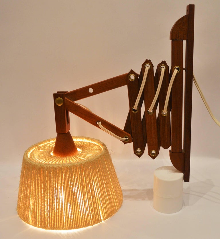 Pair of Danish Teak Fog and Morup Style Accordion Wall Lamps with Jute