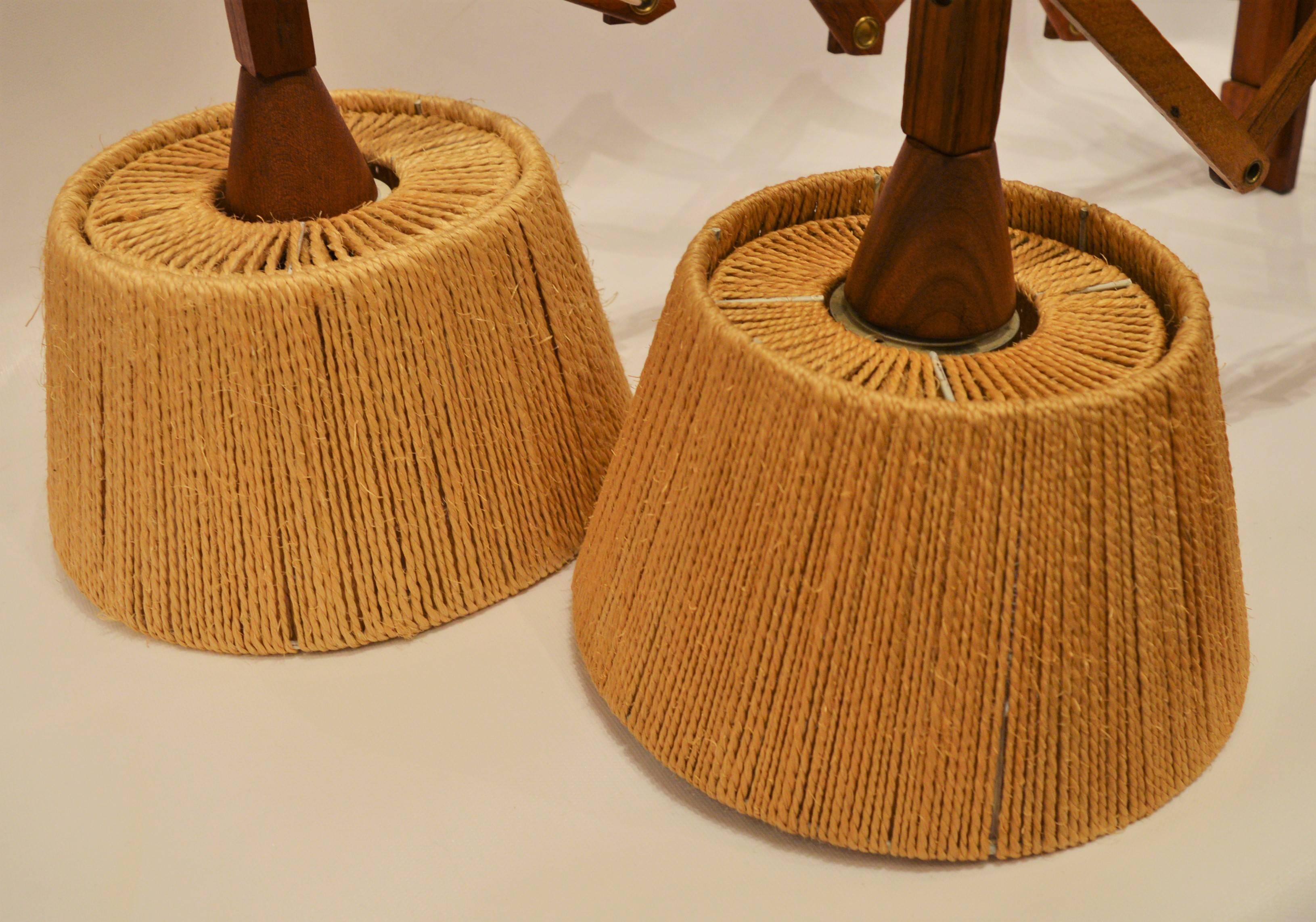 Pair of Danish Teak Fog and Morup Style Accordion Wall Lamps with Jute Shades 3
