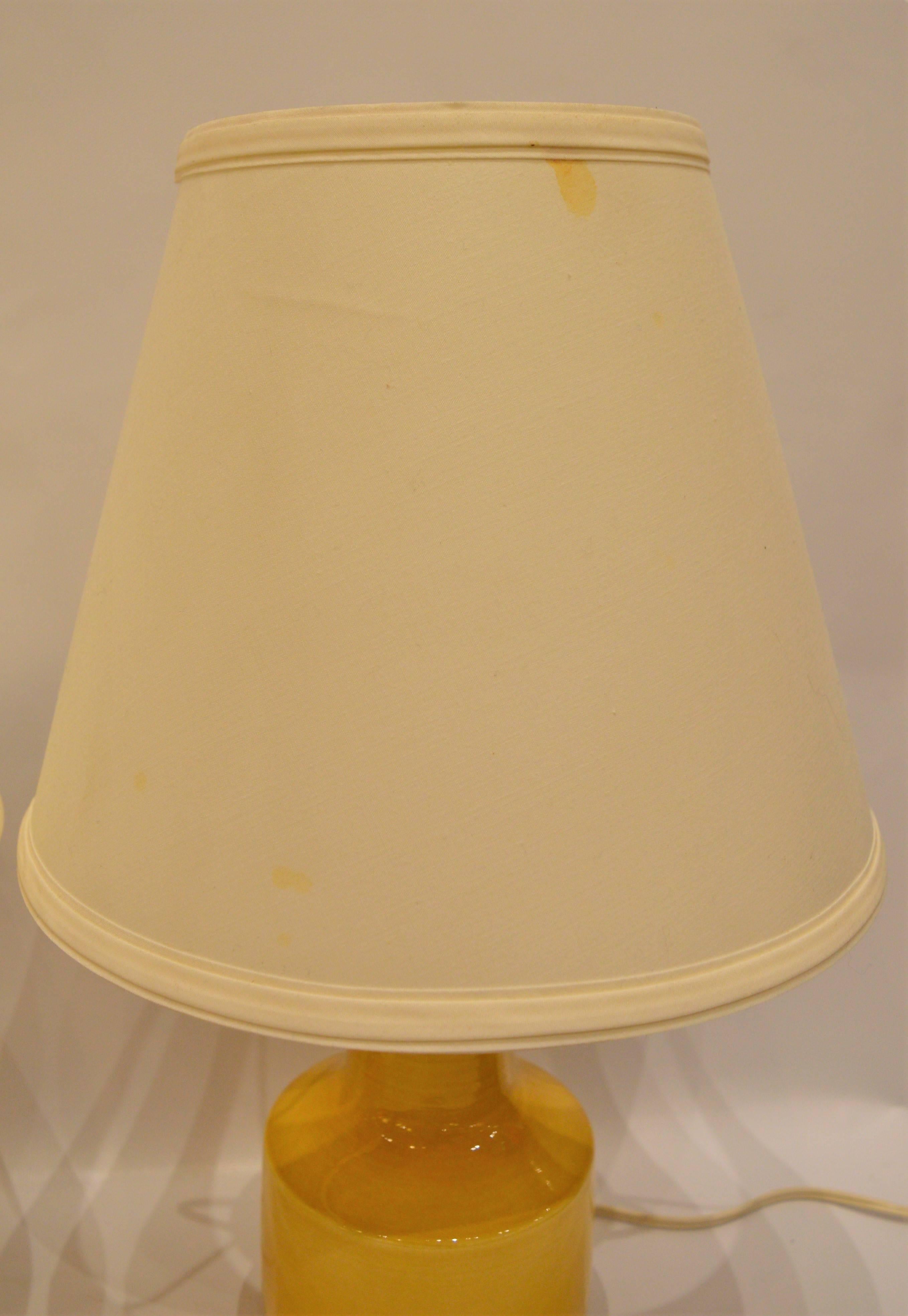 Fabric Pair of Small Soft Yellow Lotte and Gunnar Bostlund Ceramic Bedside Lamps