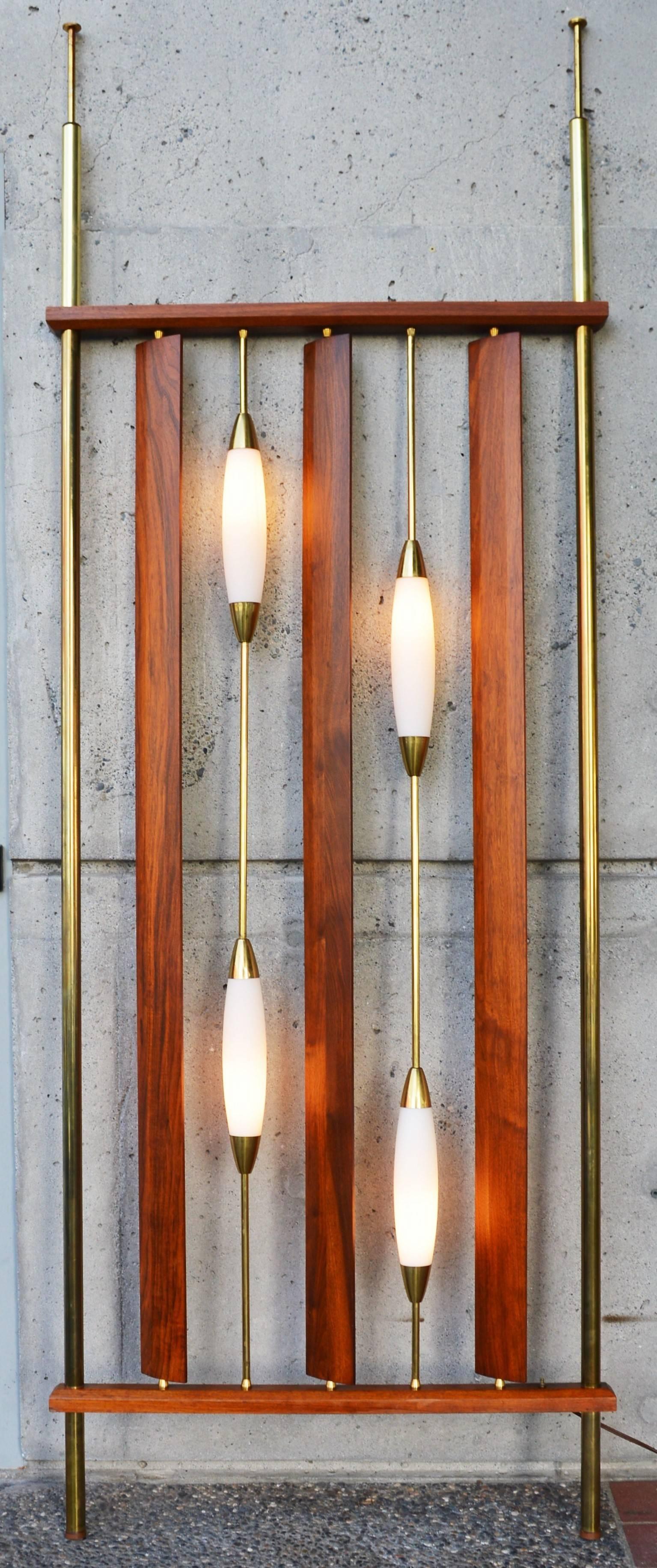 Mid-Century Modern Walnut, Brass & Frosted Glass Room Divider or Entryway Maker