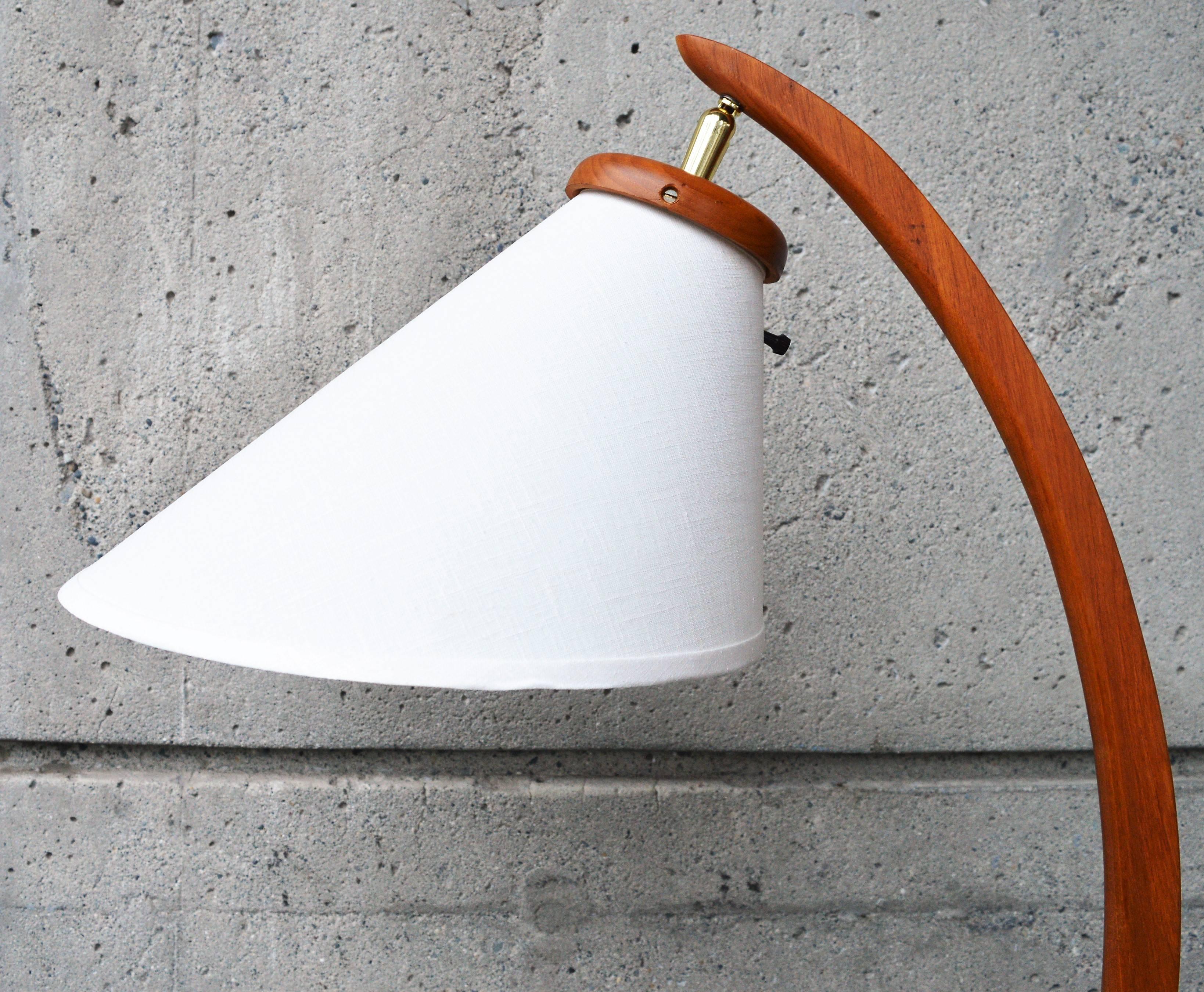 Mid-20th Century Danish Modern Teak Tripod Arc Lamp with New Custom Bonnet Shade