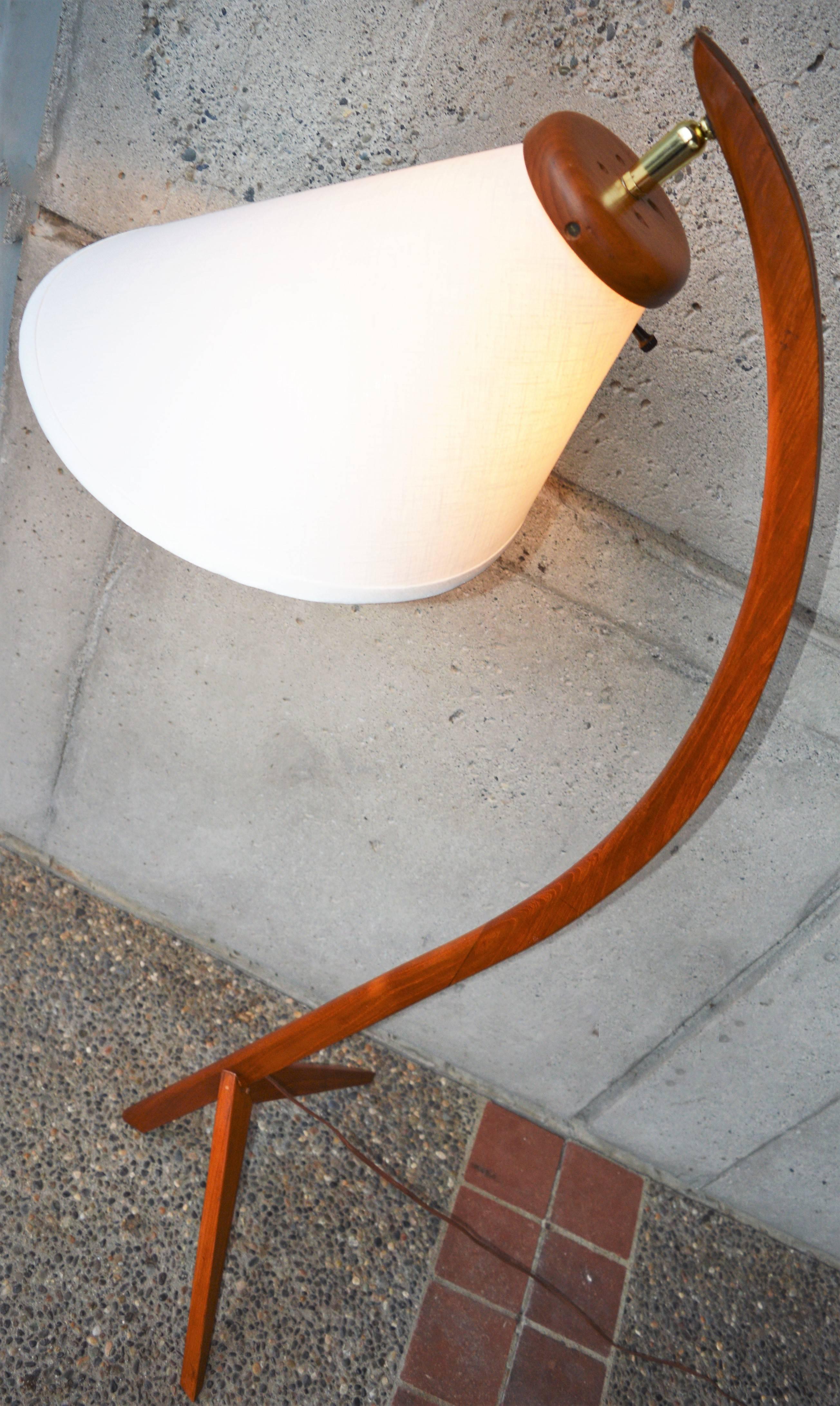 Danish Modern Teak Tripod Arc Lamp with New Custom Bonnet Shade 1