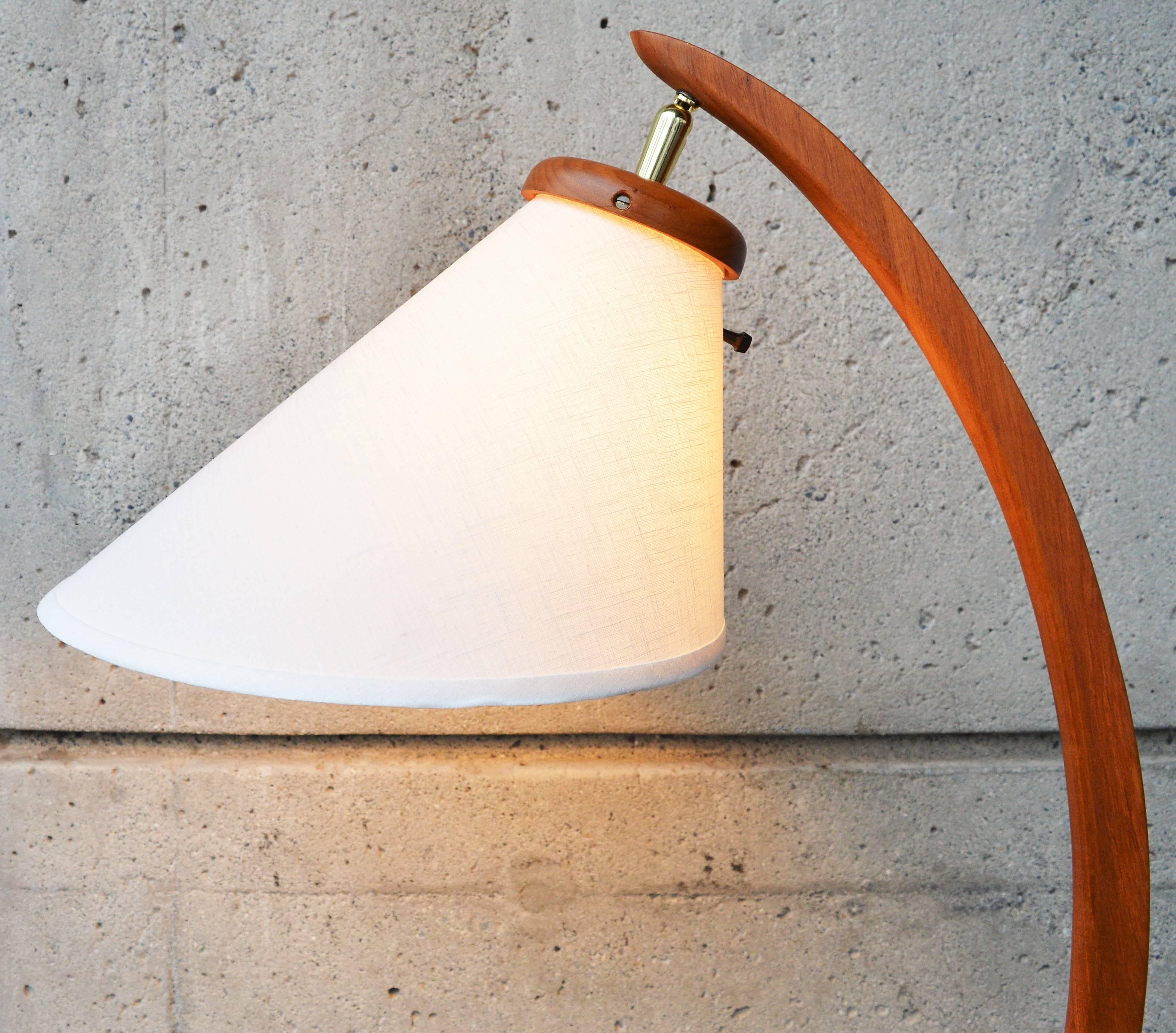 Fabric Danish Modern Teak Tripod Arc Lamp with New Custom Bonnet Shade