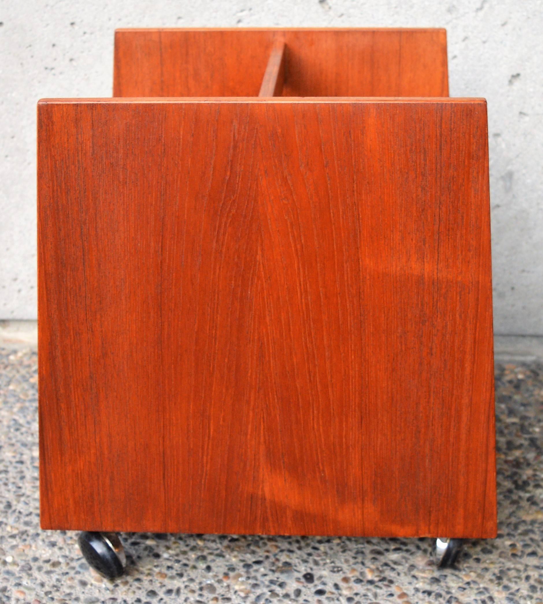 Mid-Century Modern Bruksbo Teak LP, Vinyl or Magazine Cart with Trapezoidal Sides, Handle & Casters