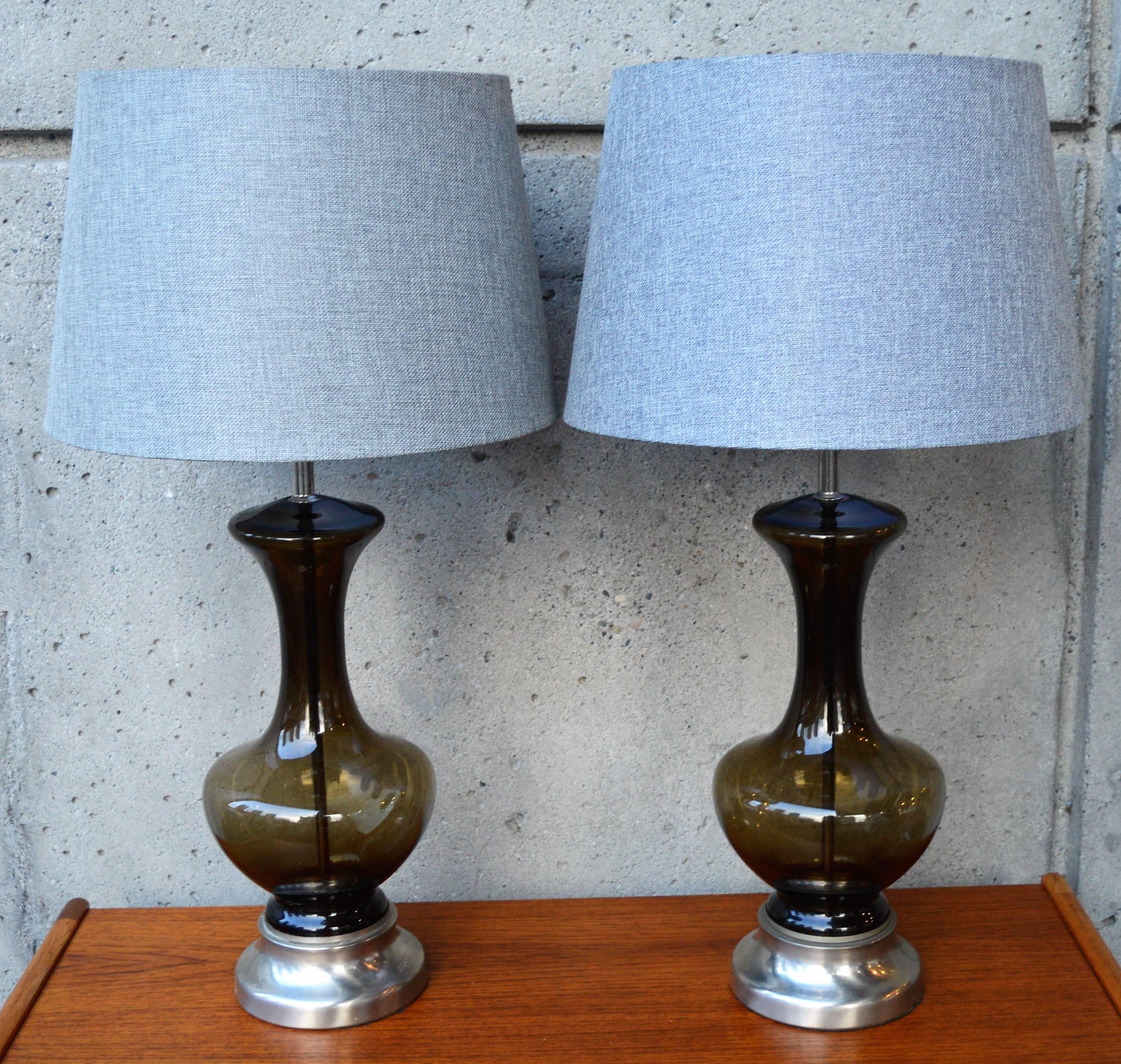 Blown Glass Pair of Mid-Century Scandinavian Smoked Glass Lamps with Modern Shades