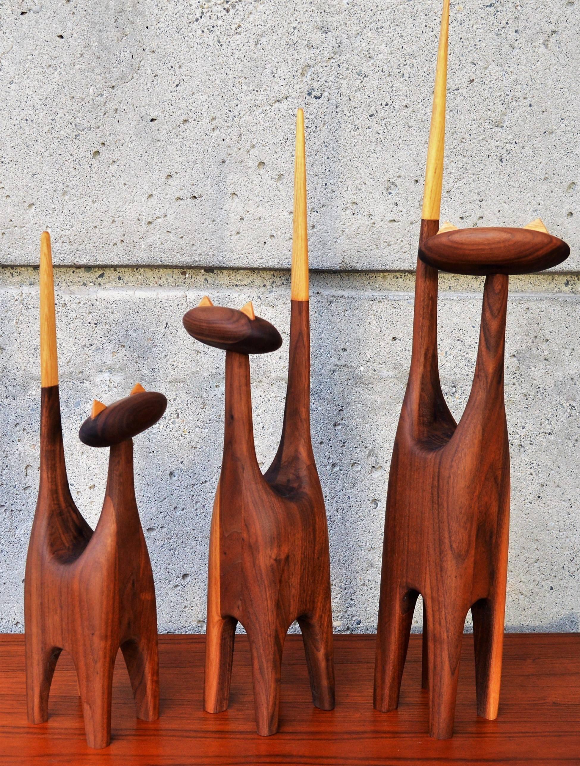 Contemporary Large-Scale Mid-Century Inspired Hand-Carved Walnut & Beech Family of Three Cats