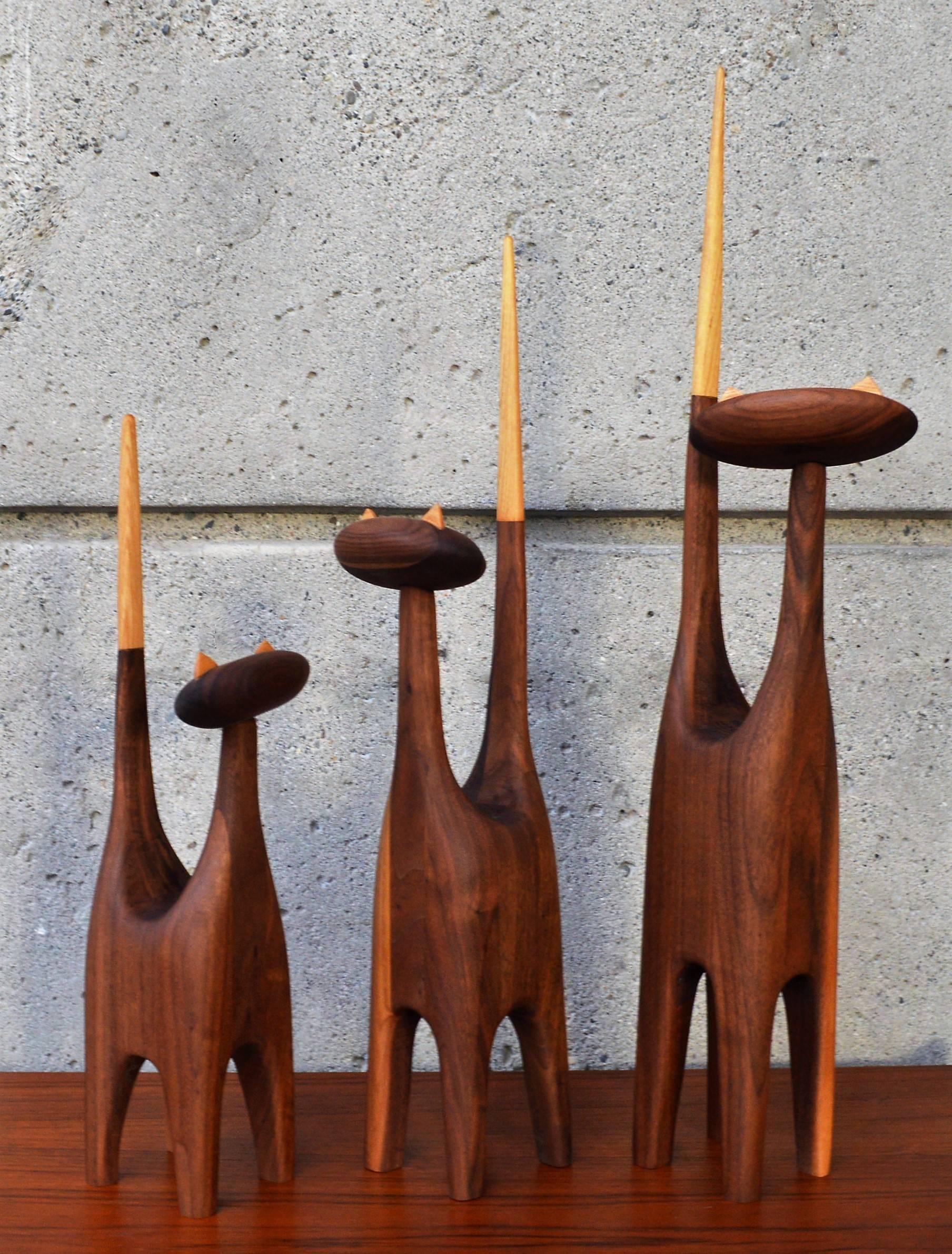Mid-Century Modern Large-Scale Mid-Century Inspired Hand-Carved Walnut & Beech Family of Three Cats
