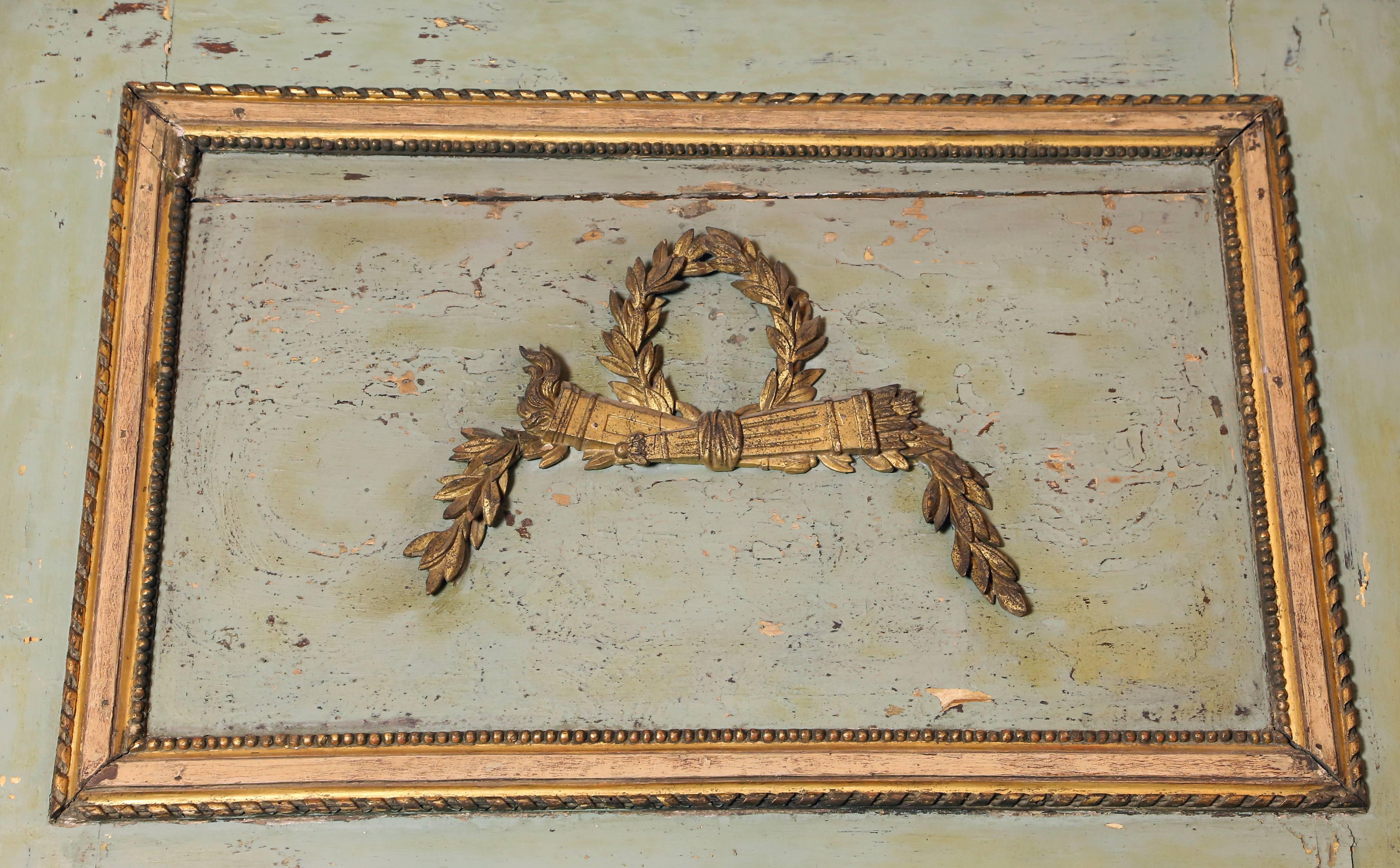Very large parcel gilt and painted Trumeau mirror.