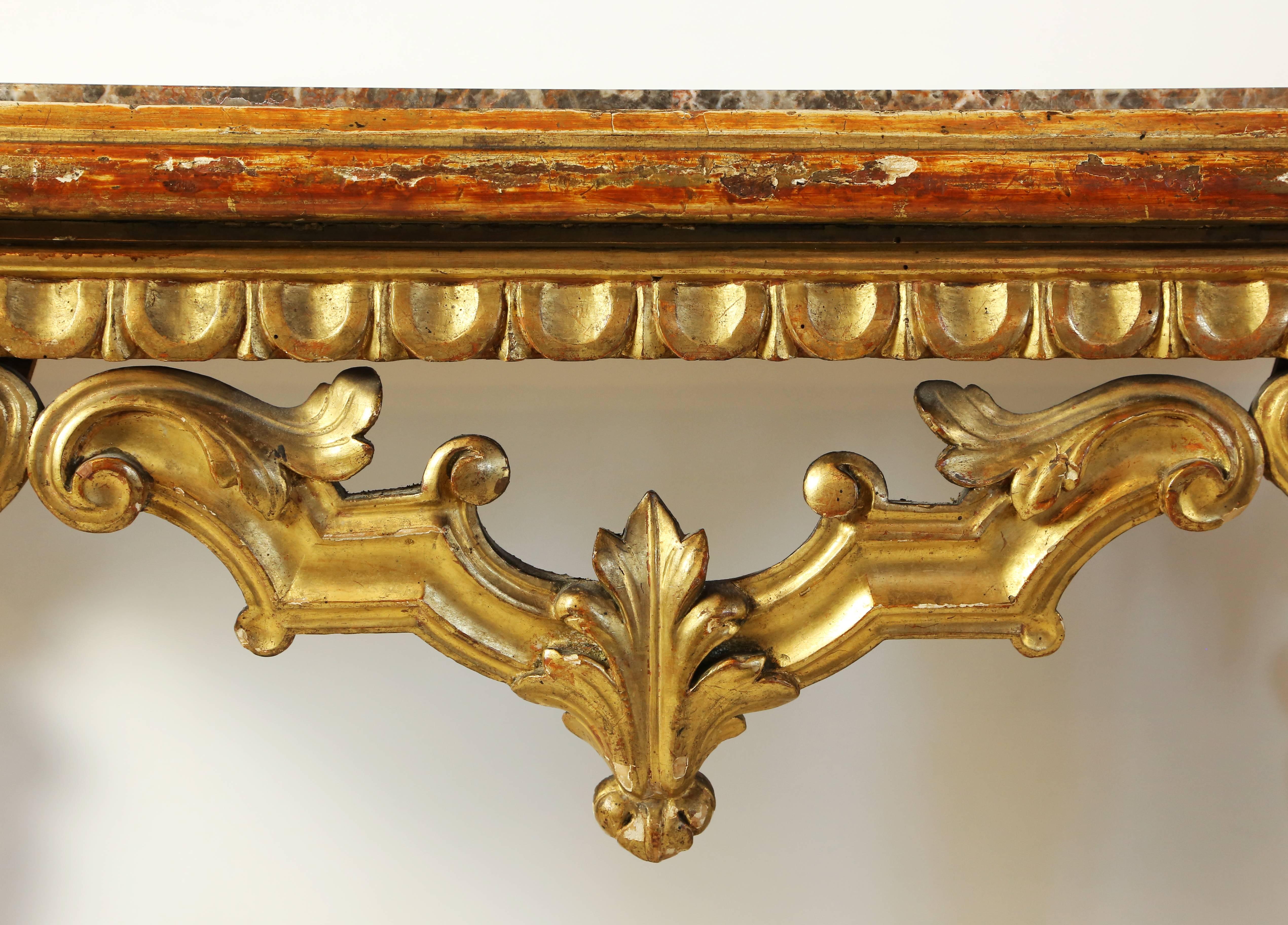 Carved Antique Italian Giltwood and Marble-Topped Console