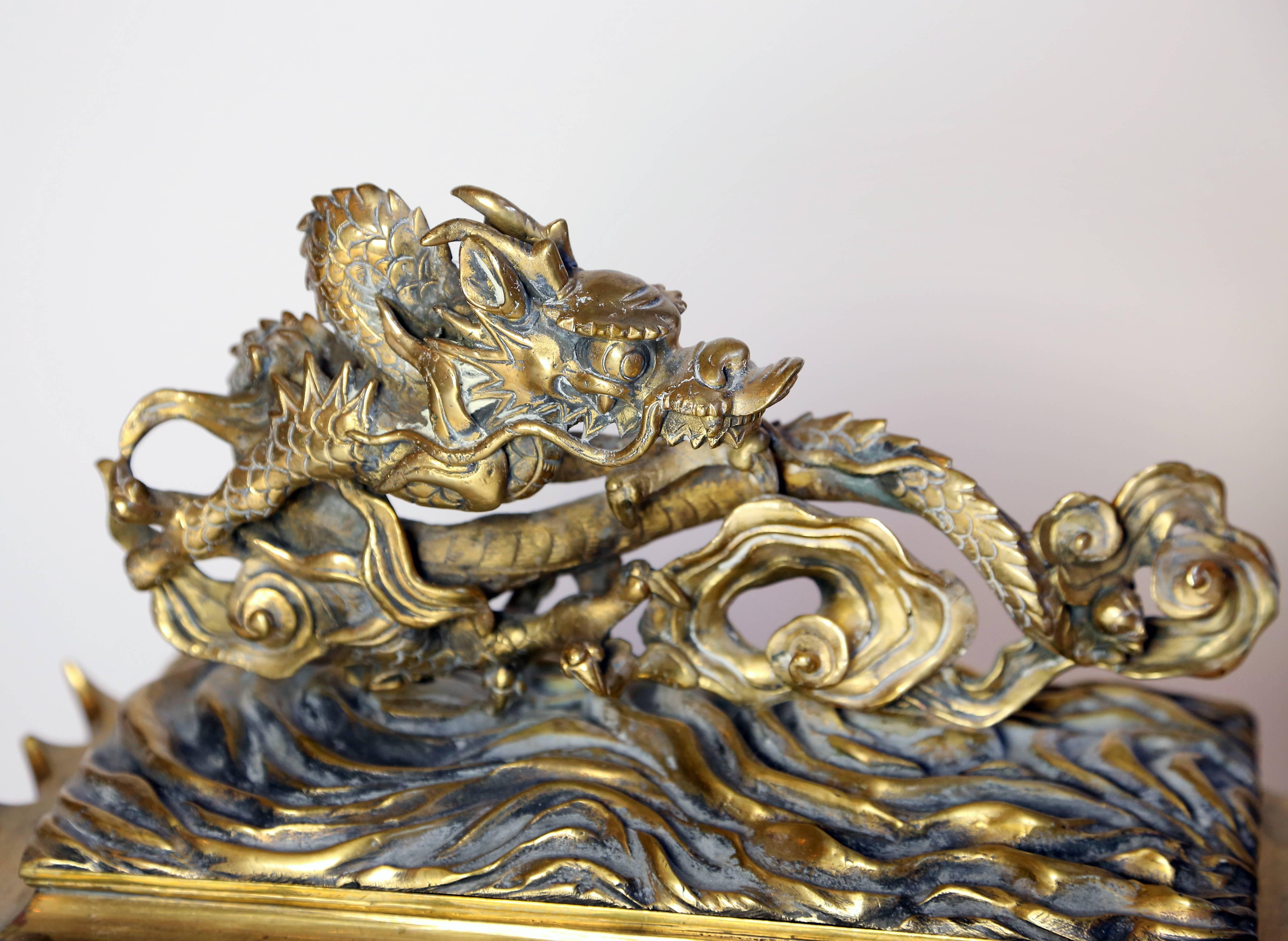 Louis XVI Pair of Unusual and Heavy Antique Brass Dragon Chenets