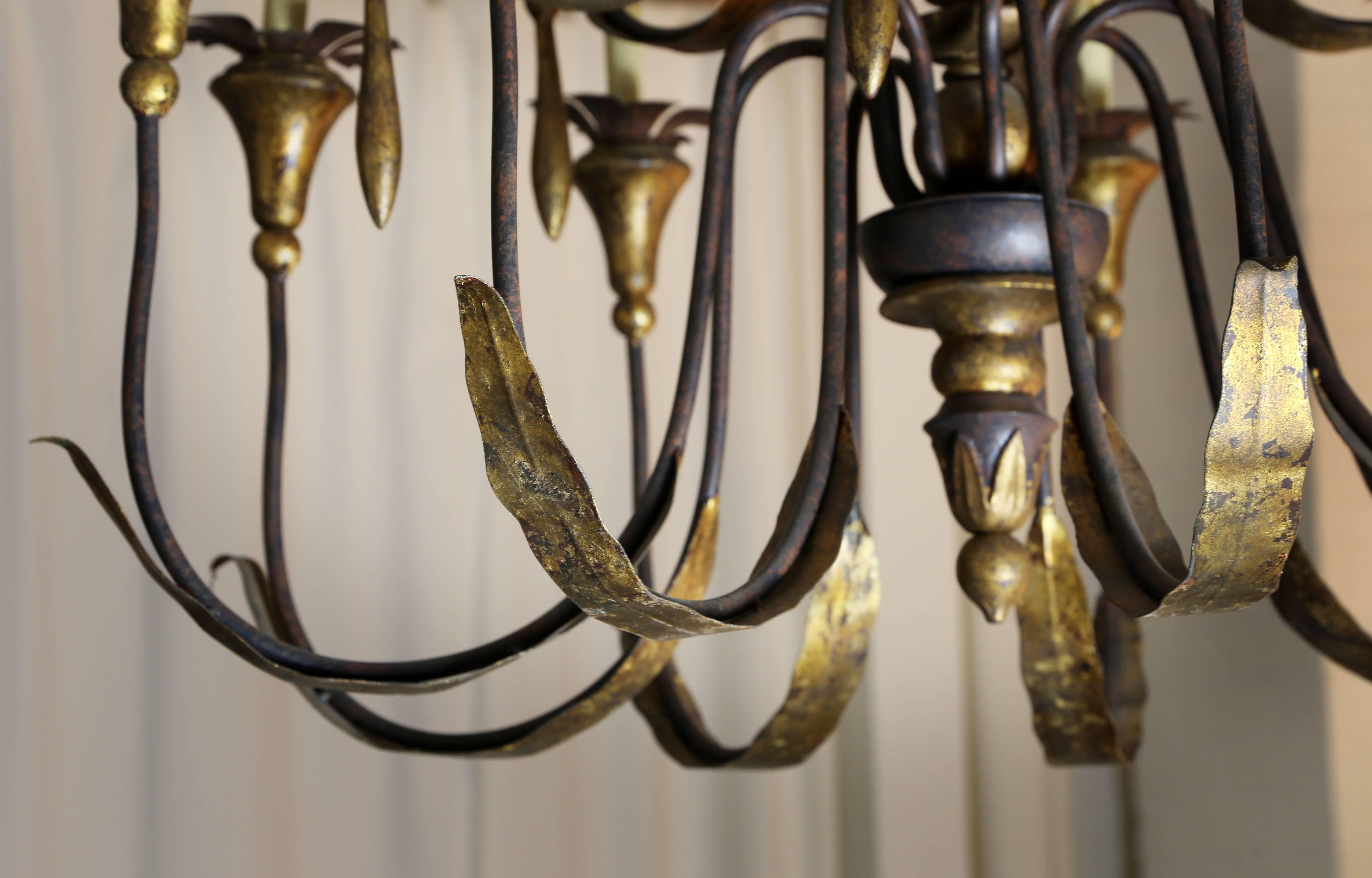 Two-Tier Gilt Metal Fifteen-Light Chandelier In Good Condition For Sale In Austin, TX