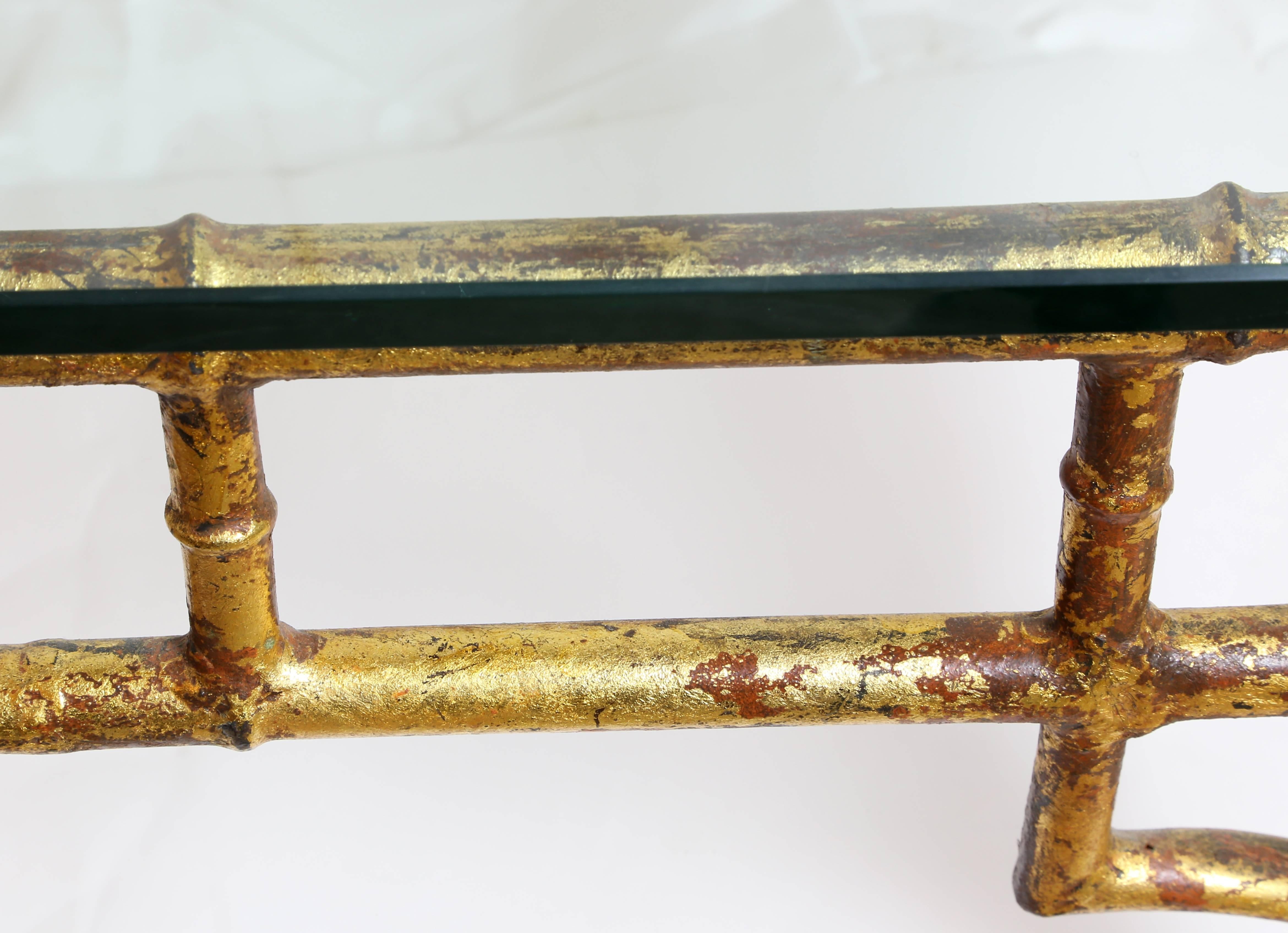 American Gilded Iron Faux Bamboo Glass Topped Cocktail Table For Sale