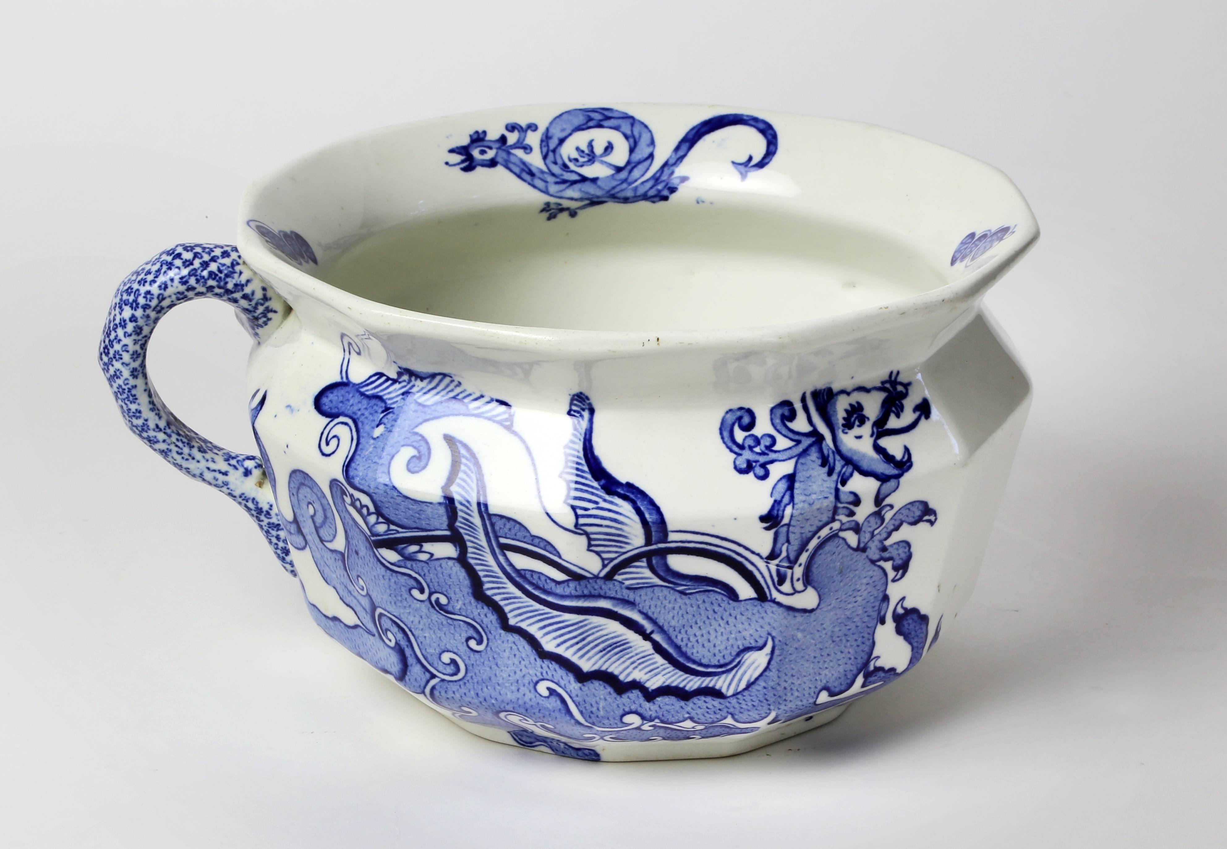 Blue and white dragon Mason's ironstone chamber pot.