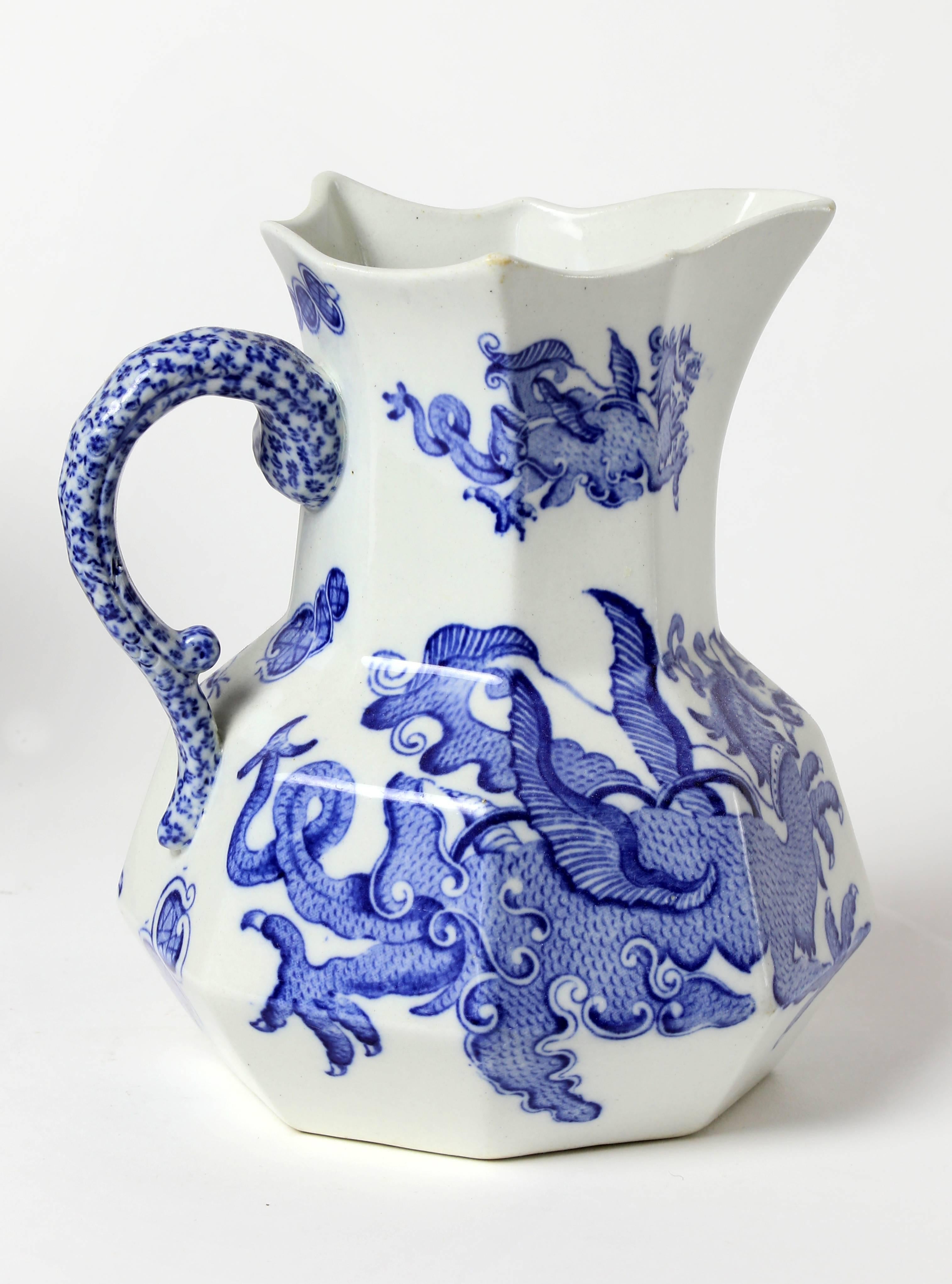 Set of mason ironstone ewers in the blue and white dragon pattern.