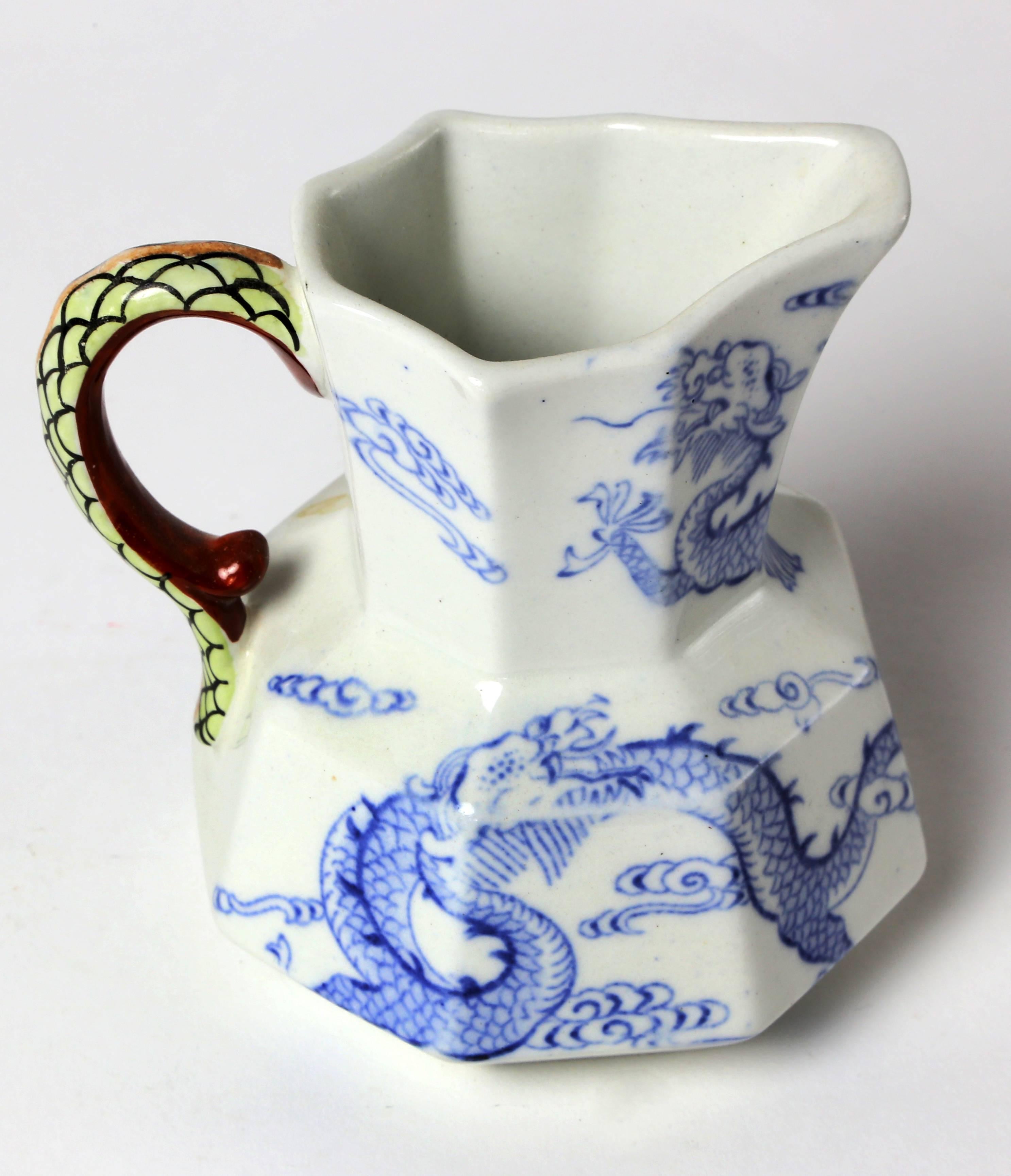 19th Century Two Ironstone Ewers in Blue Dragon Pattern with Green Handles For Sale