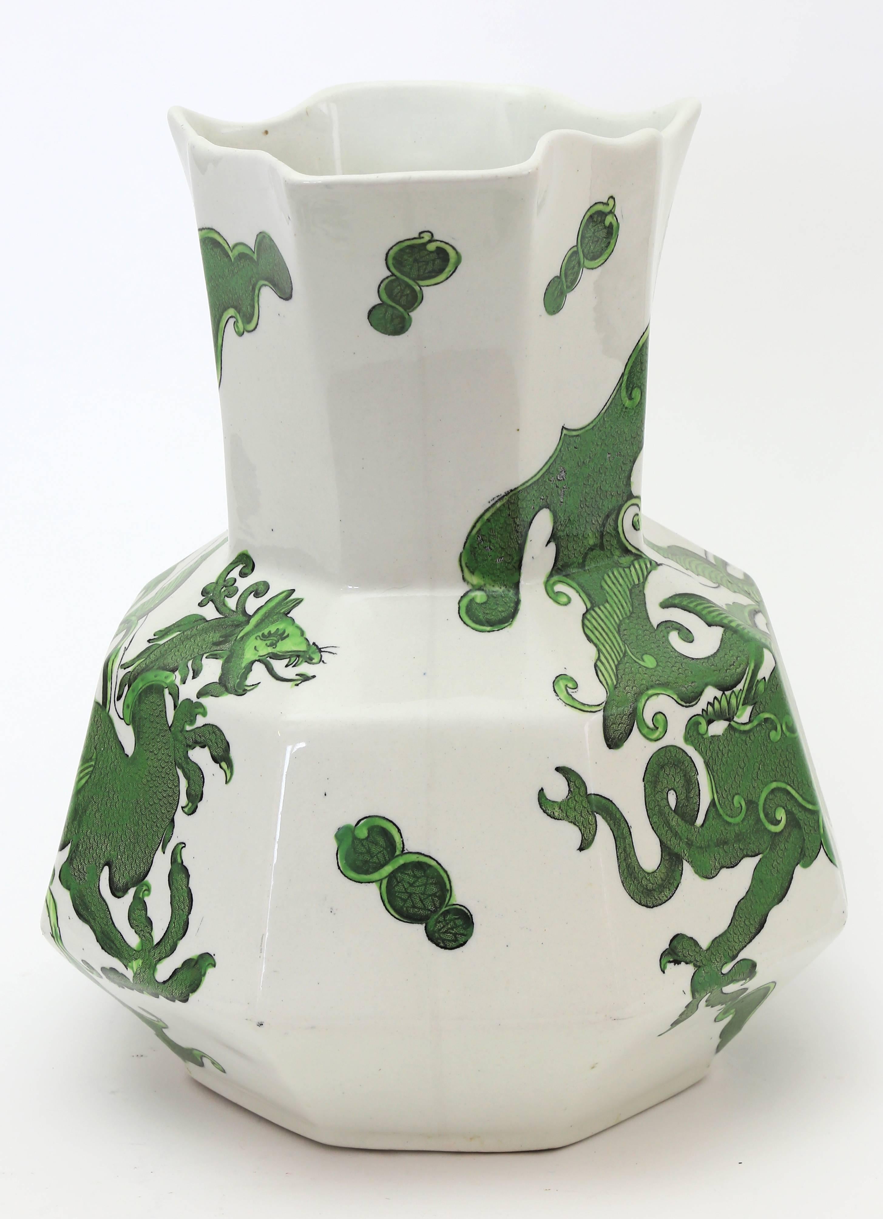 English Pair of Tall Mason Ironstone Ewers in Green Dragon Pattern For Sale