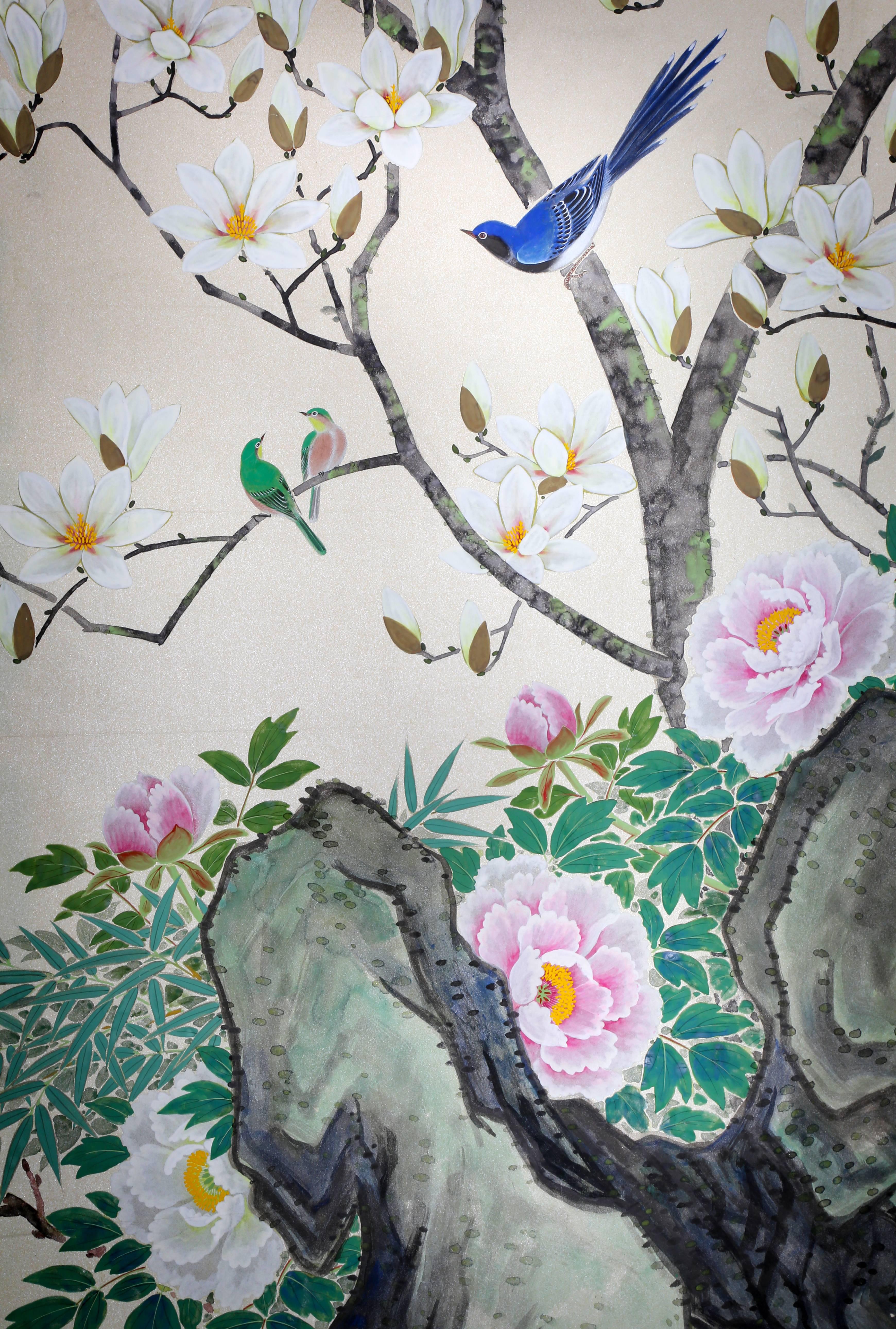 A series of four sequential Chinese hand-painted wallpaper panels, early to mid-20th century.