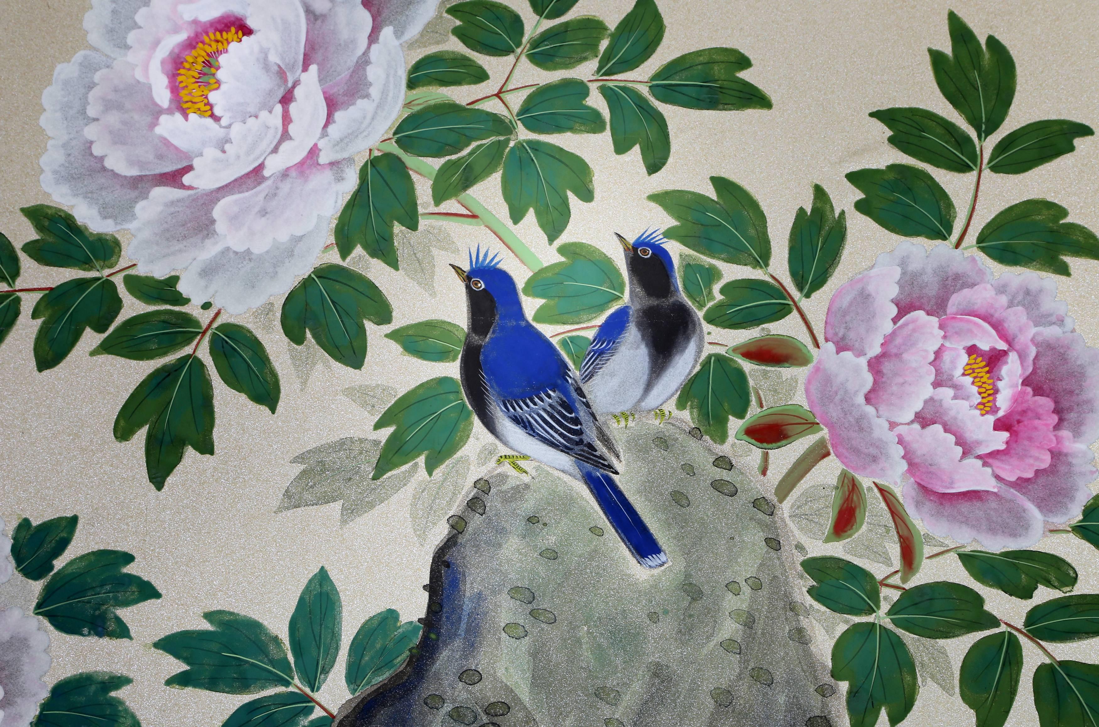 Paper Four Framed Hand-Painted Chinese Wallpaper Panels