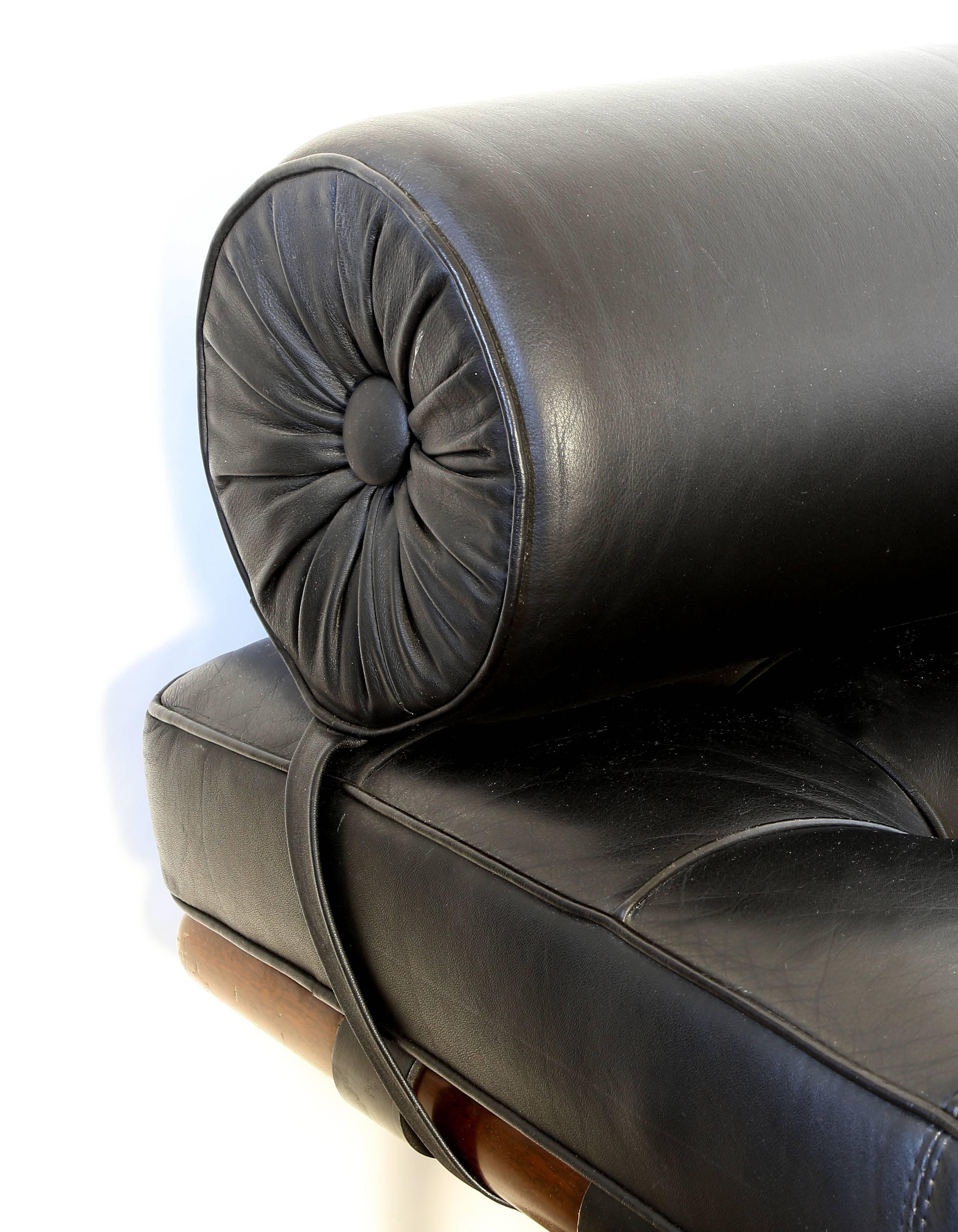 Vintage Mies van der Rohe chaise or sofa. Chrome legs, walnut base, black leather.