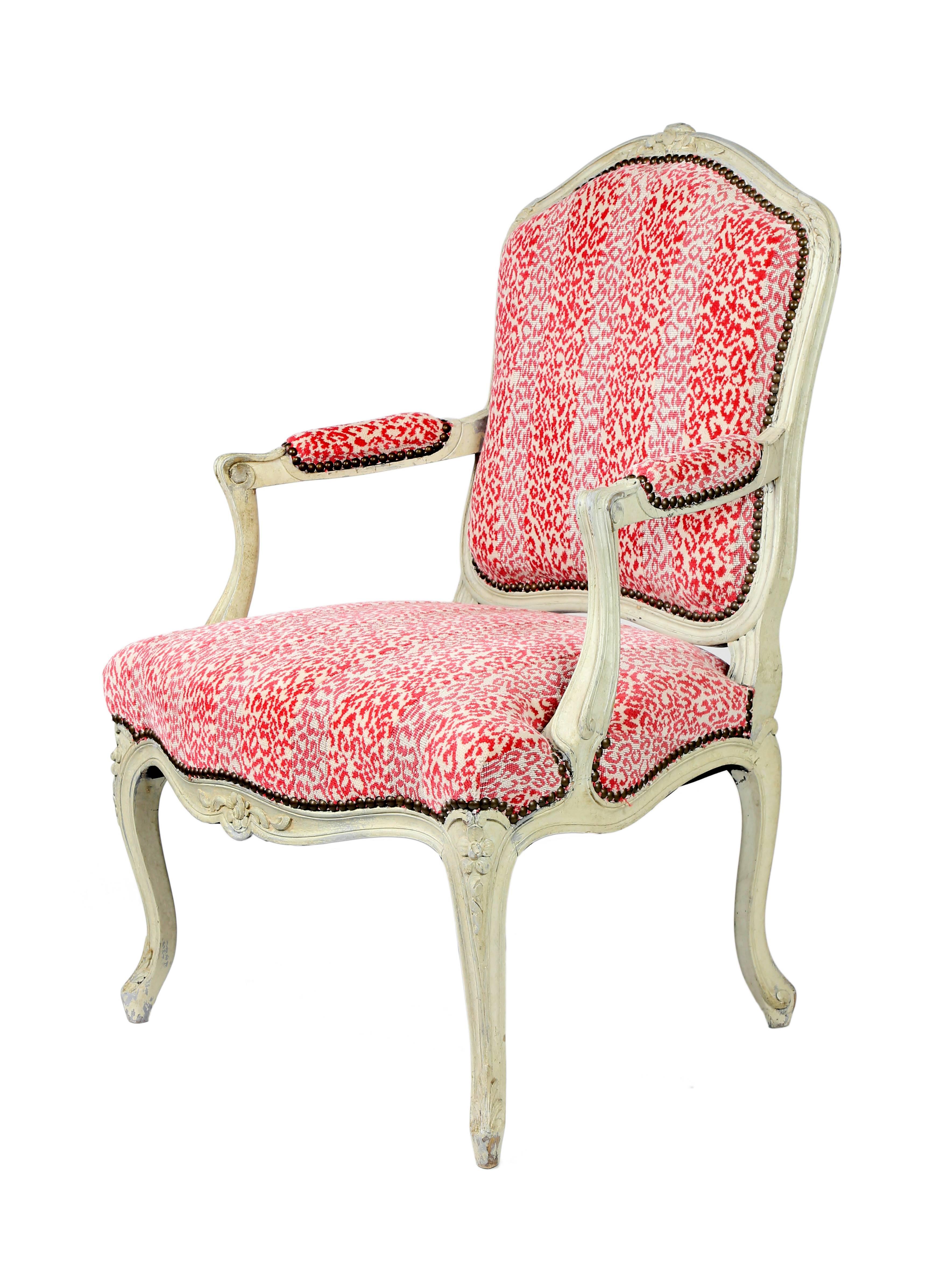 Carved French Louis XV Style Painted Armchair