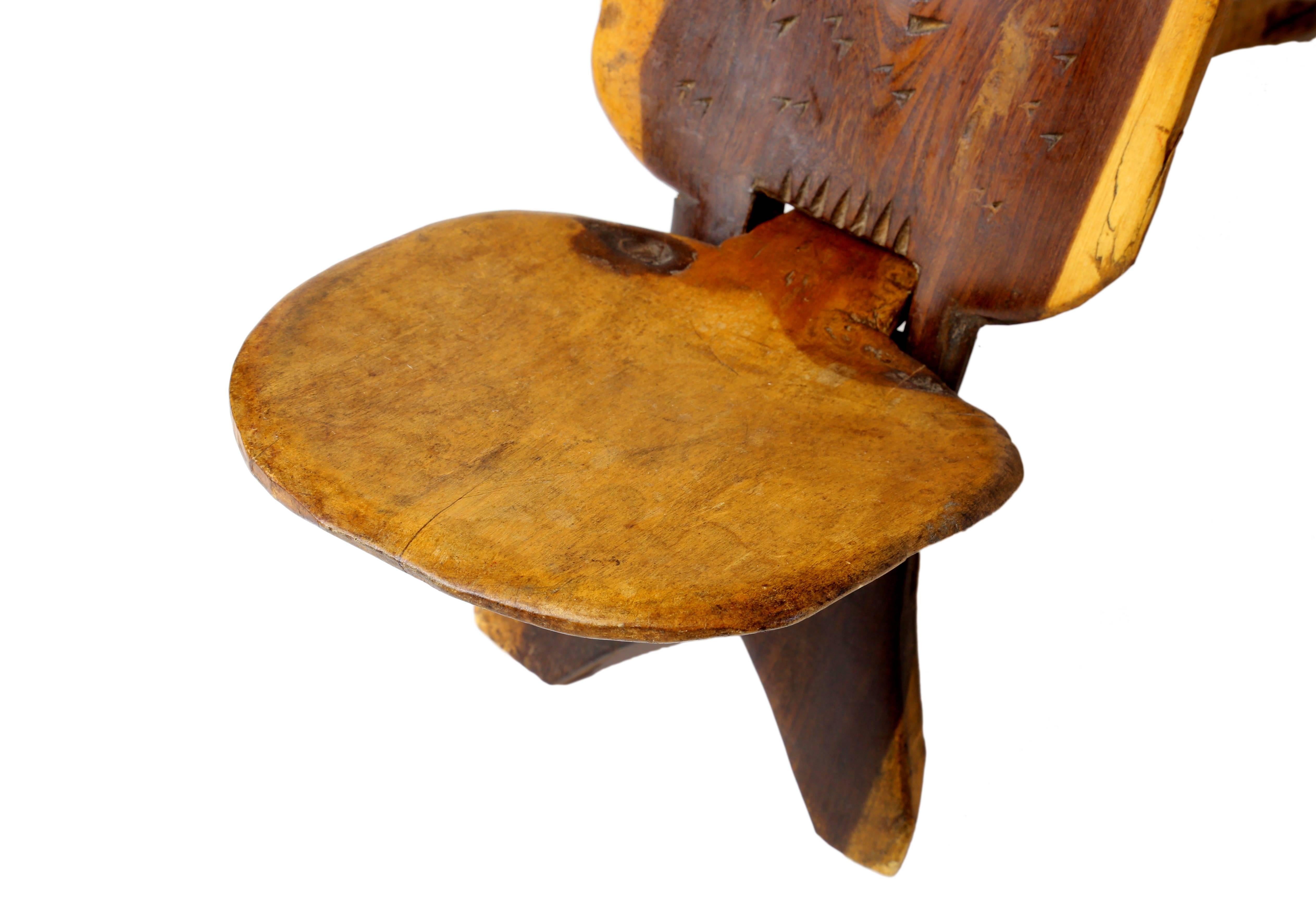 Kenyan African Two-Piece Small Carved Paddle Chair with Elephant Carving For Sale
