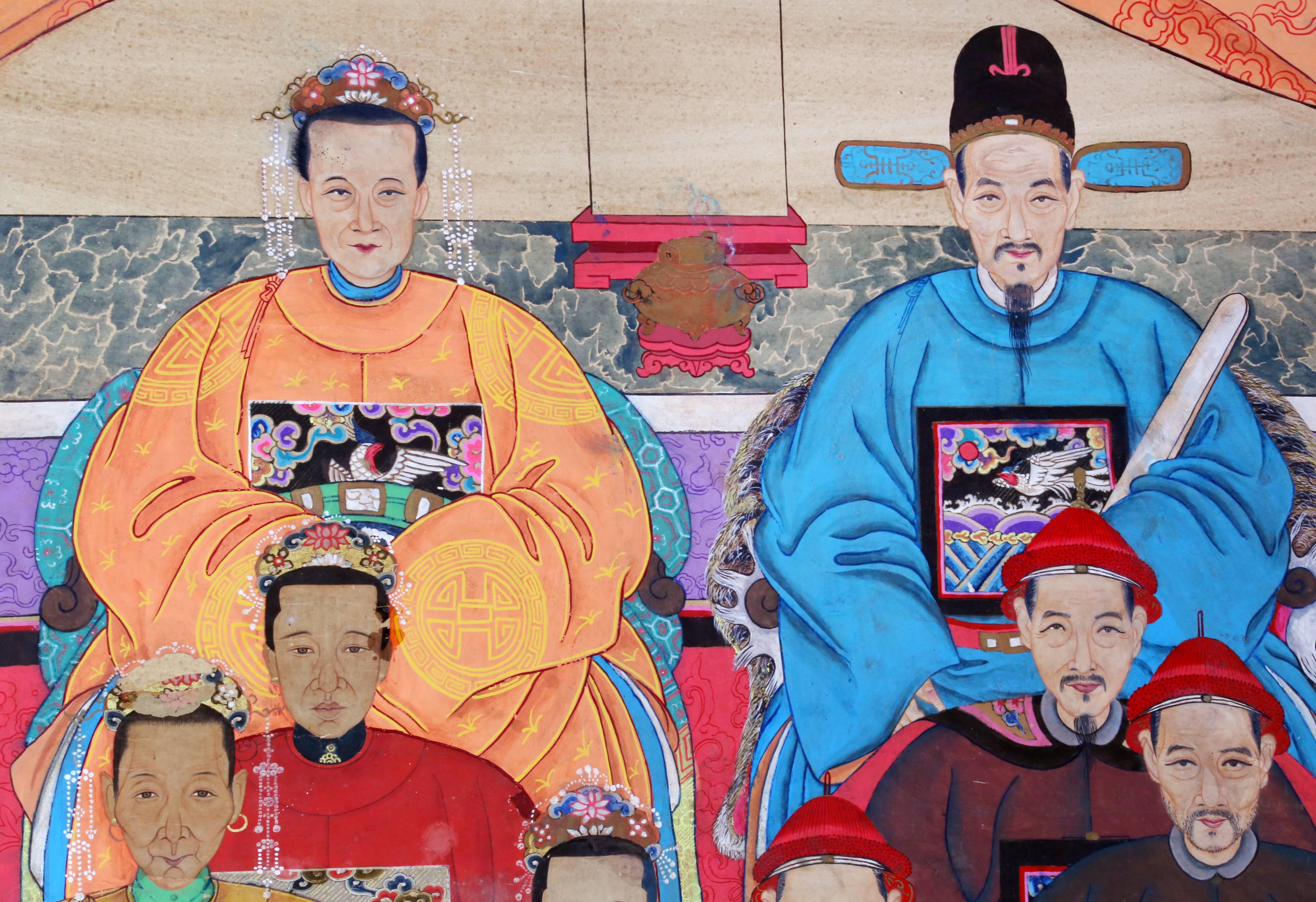 A large, colorful Chinese ancestor portrait, early 19th century, showing multiple generations of the same family seated beneath orange curtains pulled back with blue sashes. Presented in the traditional frontal pose, this painting on rice paper
