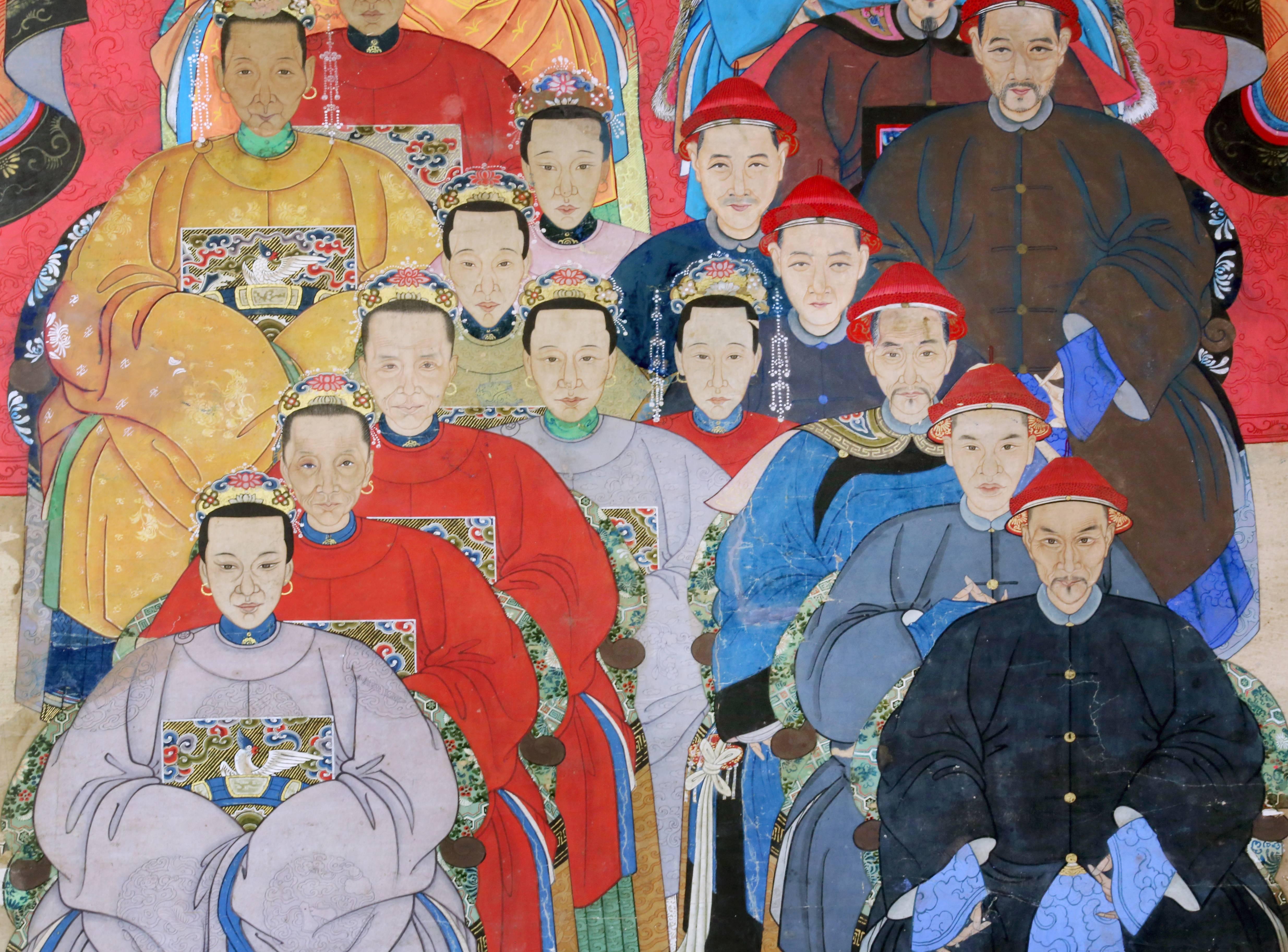 Chinese Large Qing Dynasty Generational Ancestor Portrait