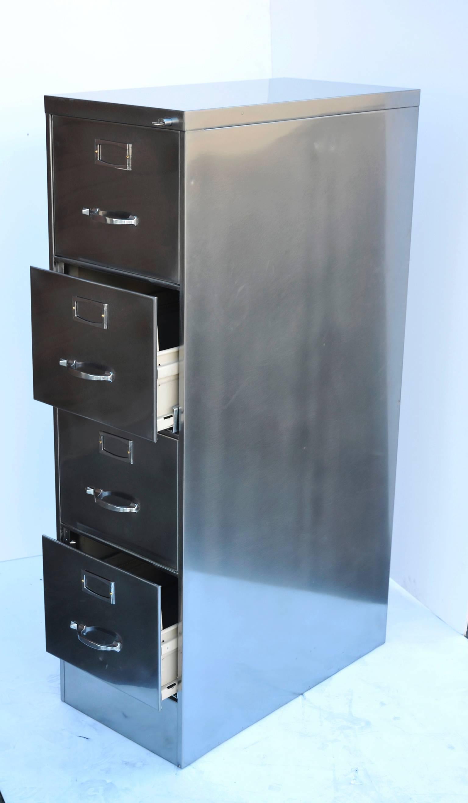 Classique Industrial File Cabinet, Four-Drawer, Polished Steel  In Excellent Condition For Sale In Berkeley, CA