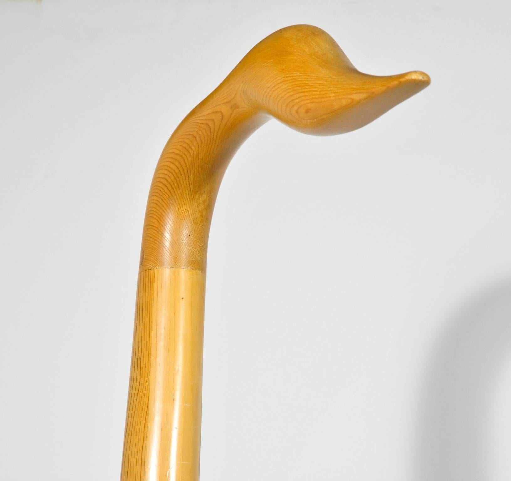 Very tall floor wooden sculpture, modern contemporary Duck with a bronze egg underneath. David King a Bay Area artist and teacher in Art school. Please contact us directly for best pricing and shipping.