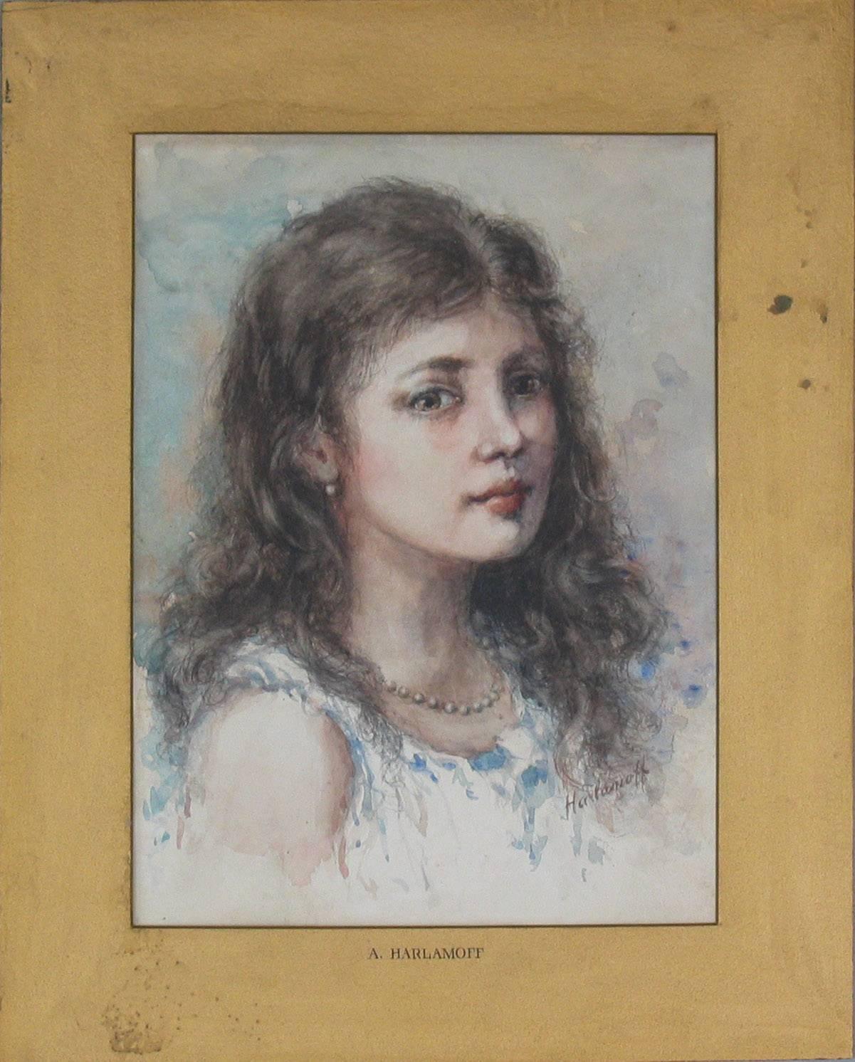 Watercolor in the manner of Alexei Alexeievitch Harlamoff "Russian, 1842-1915" portrait of a young girl, signed Harlamoff on the lower right, Marked A. Harlamoff on the gold matting. A watercolor done on paper. The painting measures