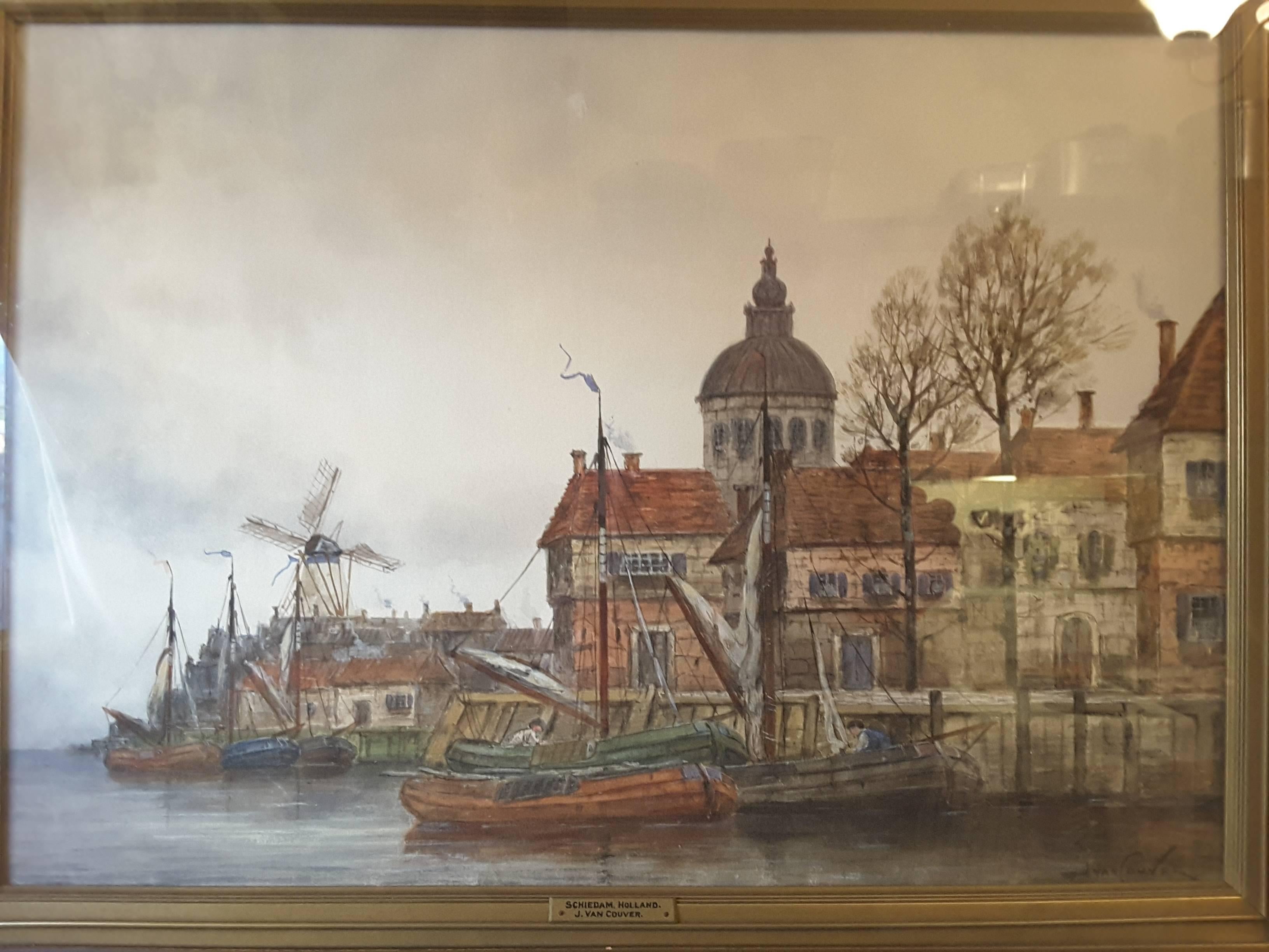 Dutch Colonial J. Van Couver, Watercolor, Dutch Harbor Scene For Sale