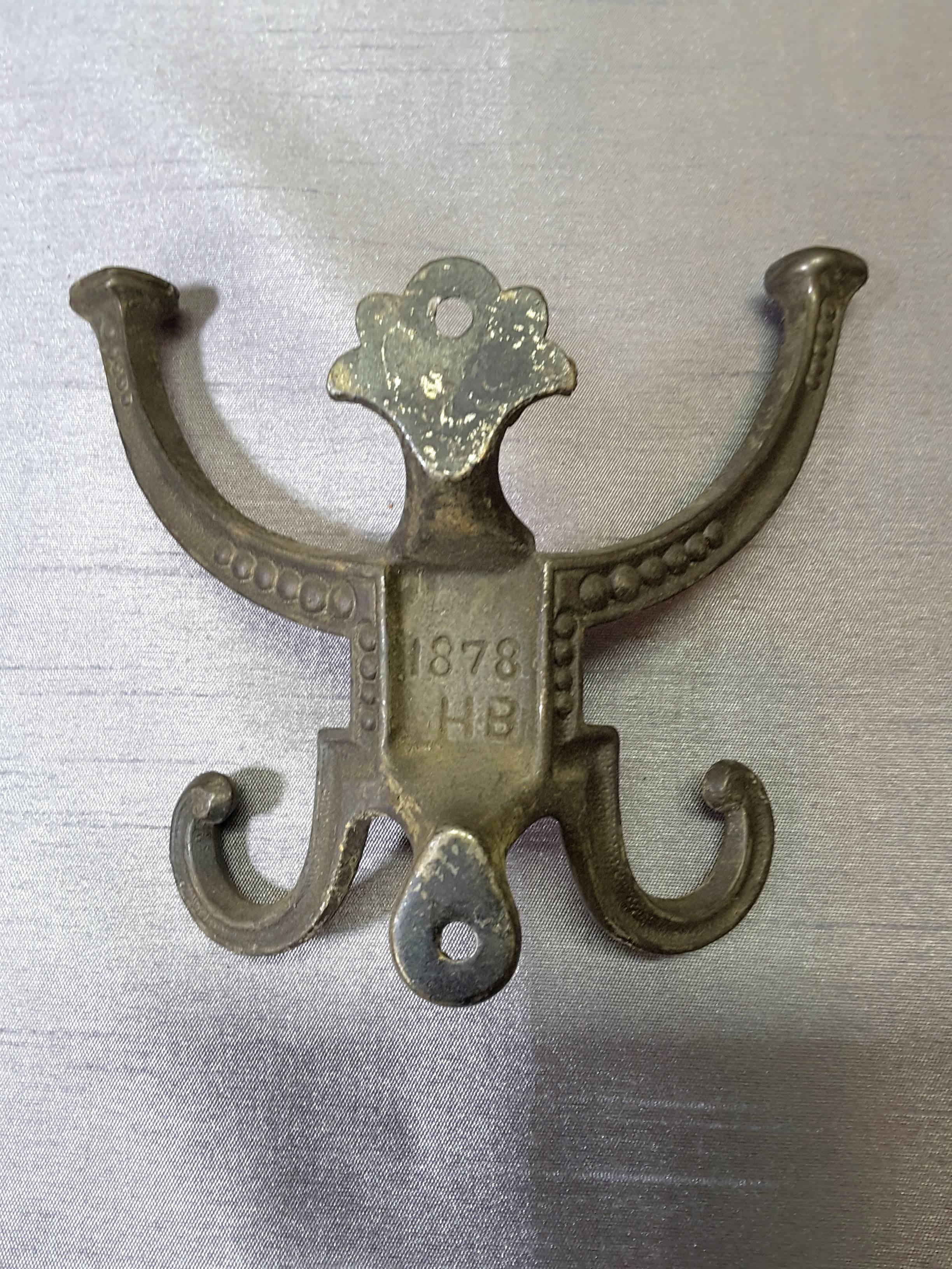 Pair of Victorian Hallstand or Coat Rack Hooks, Dated 1878 and Marked In Good Condition In Ottawa, Ontario