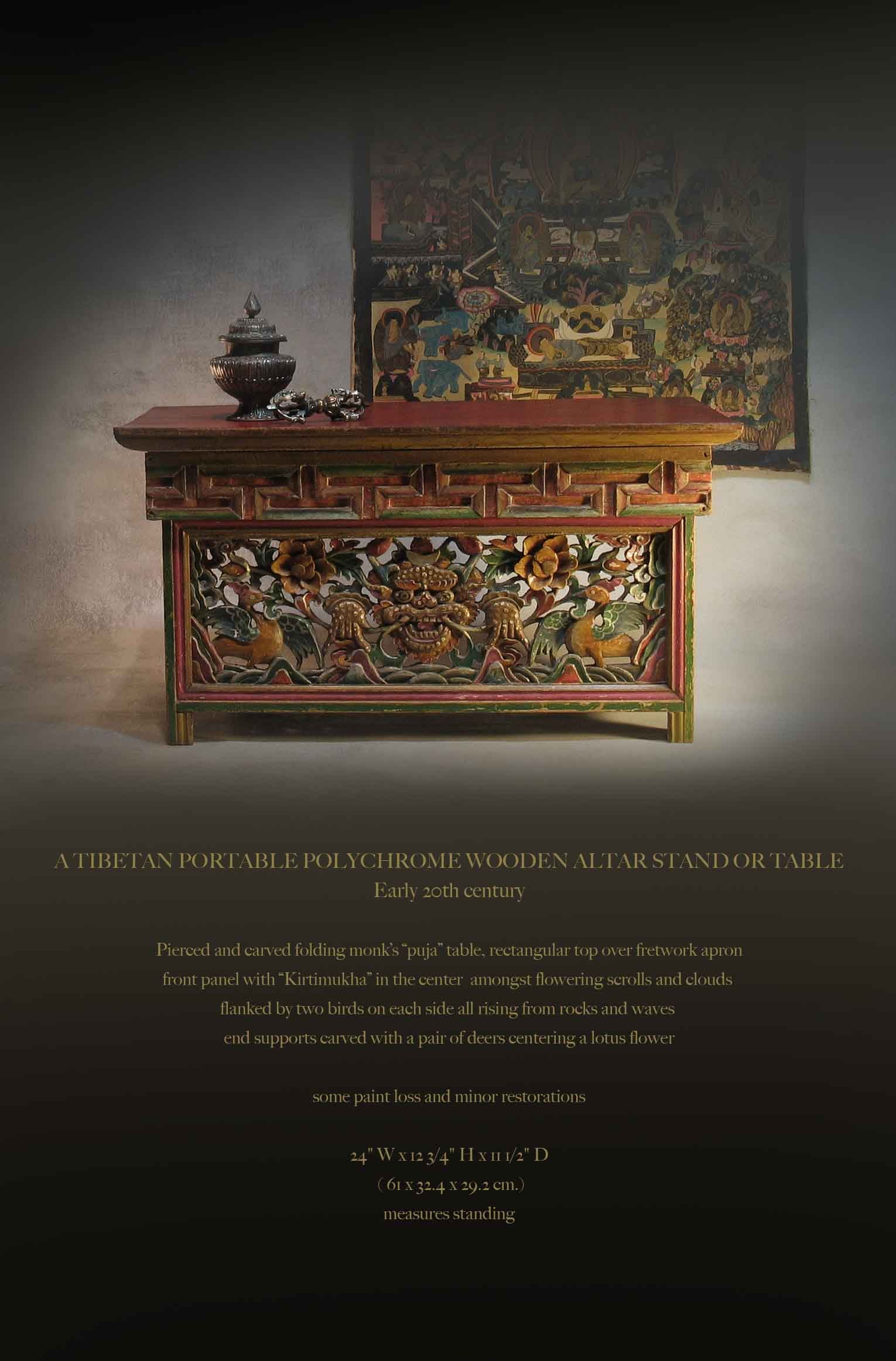 Tibetan Portable Polychromed Wooden Altar Stand Or Table Early 20th Century