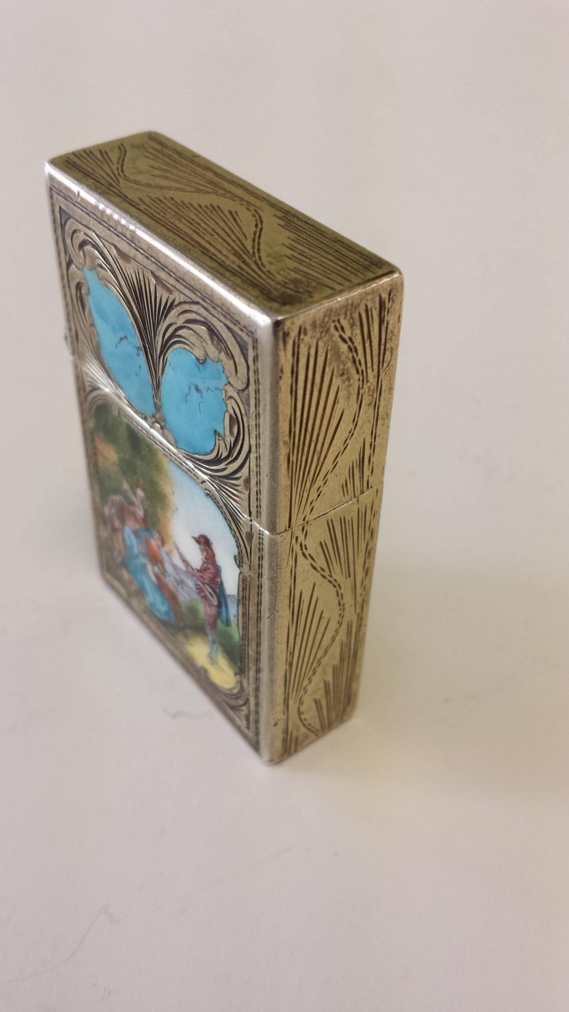 Art Deco Sterling Silver and Enamel, Engraved Lighter Case with a Minstral Scene