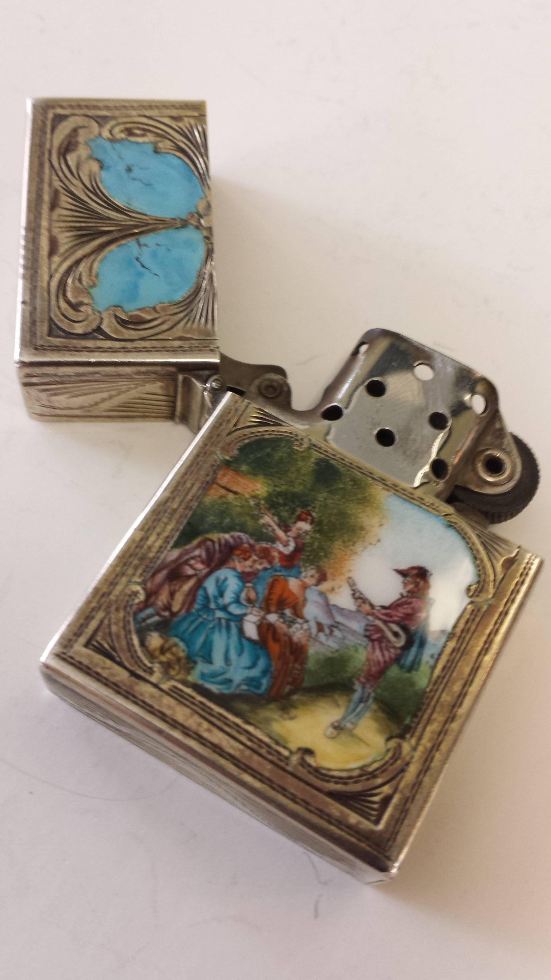 American Sterling Silver and Enamel, Engraved Lighter Case with a Minstral Scene