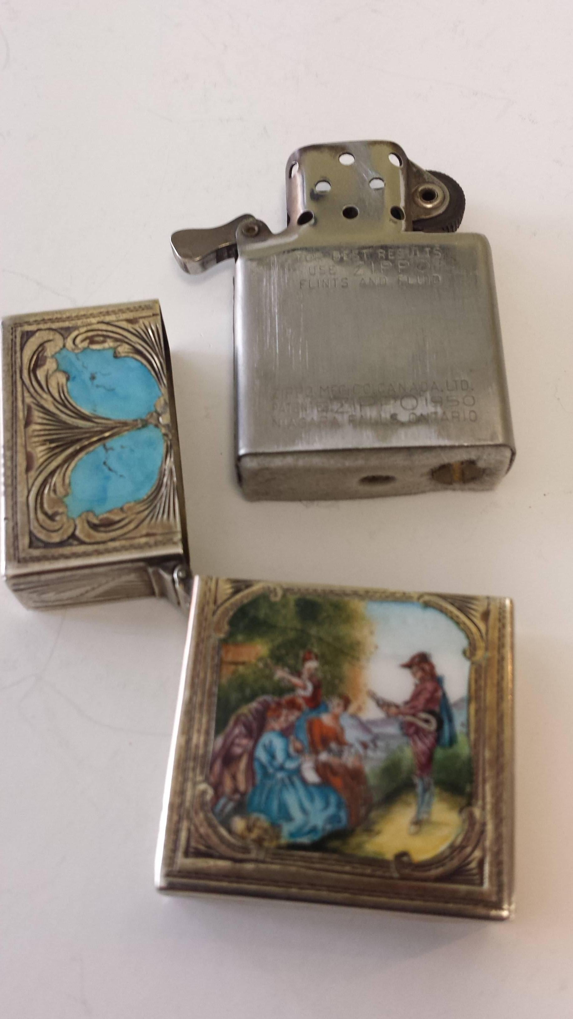 20th Century Sterling Silver and Enamel, Engraved Lighter Case with a Minstral Scene