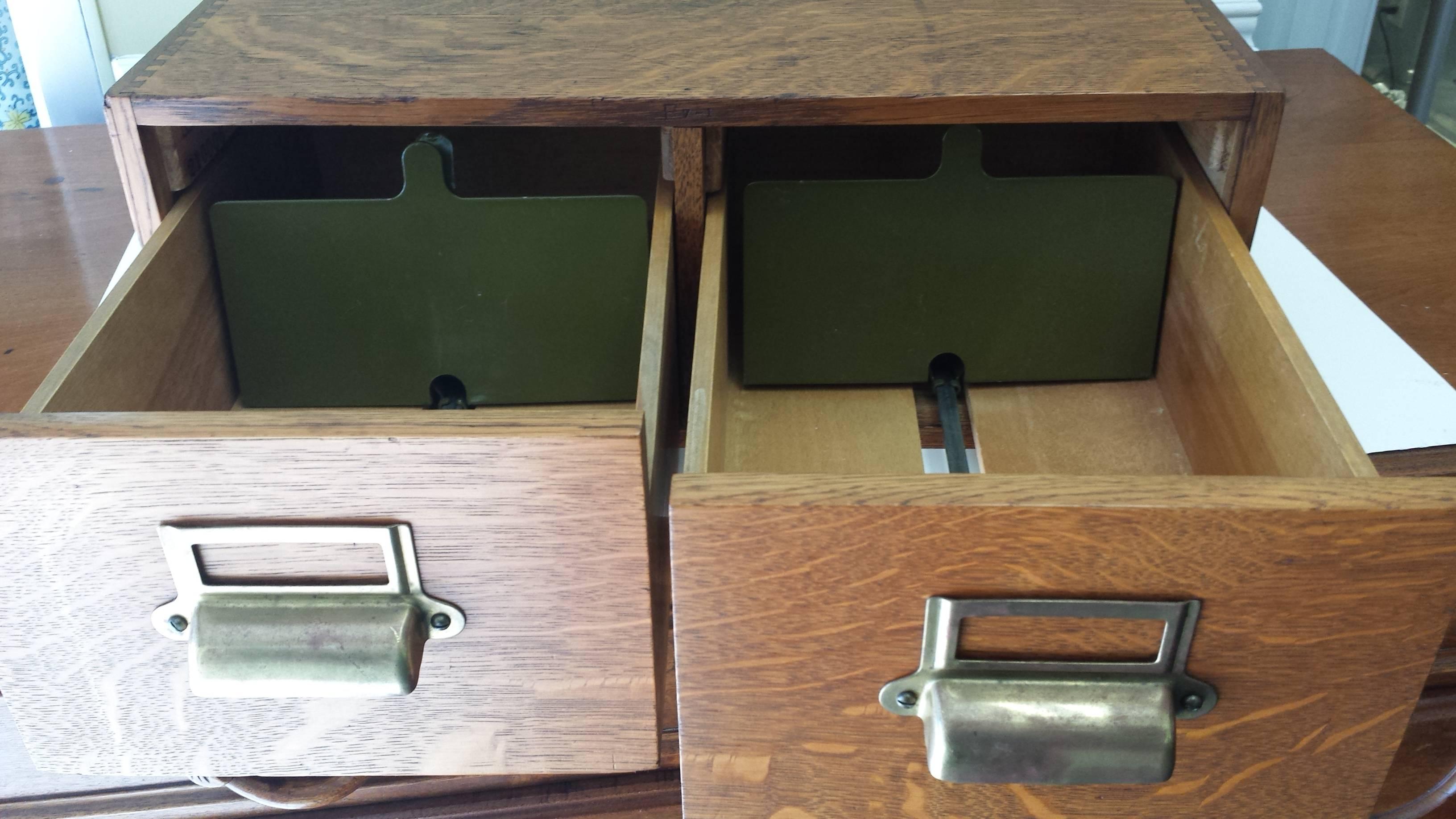 Early 20th Century Quarter Cut Oak Two-Drawer Filing Box with Sliding Drawer Holders