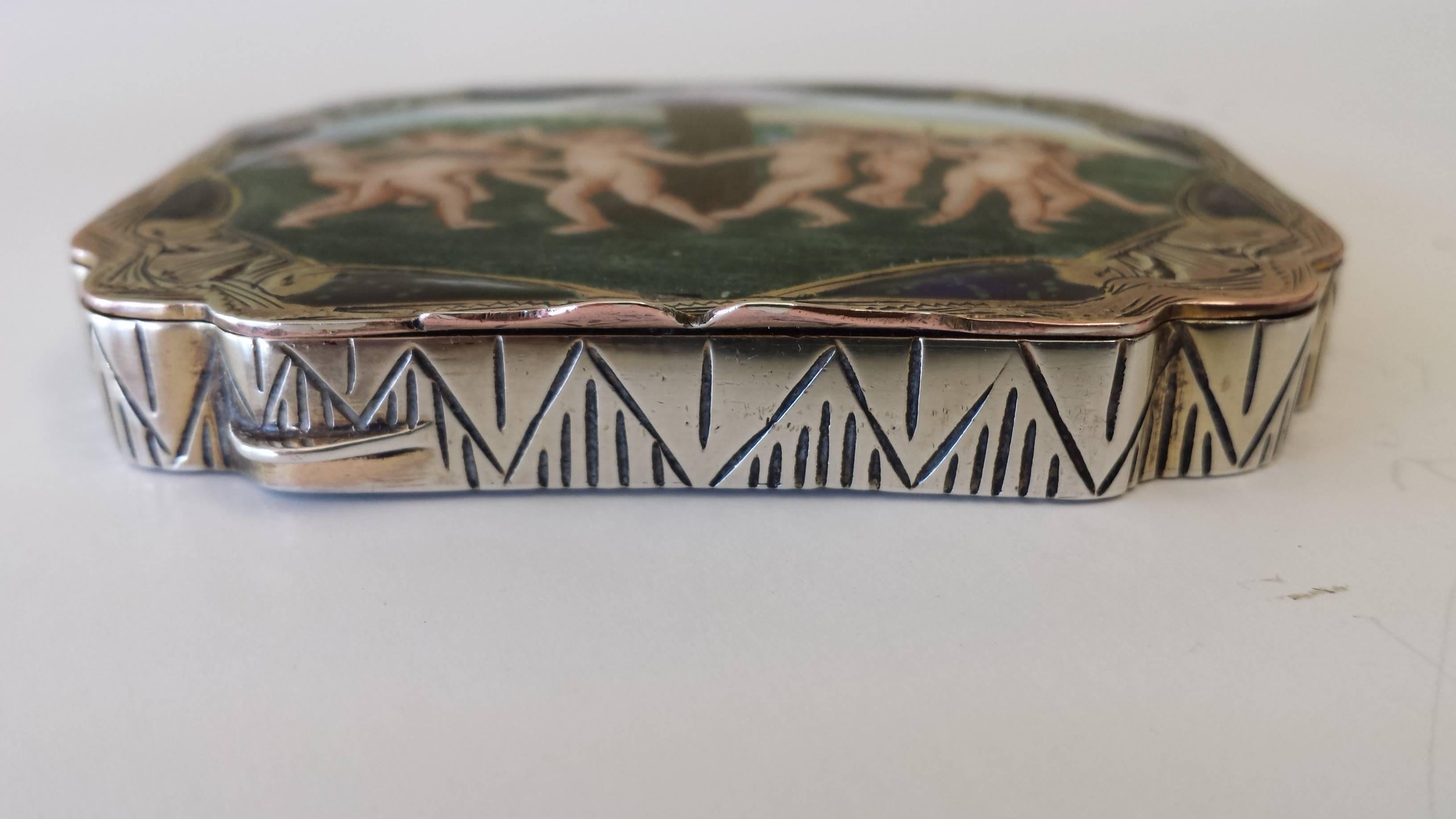 Edwardian Silver Enamel Box Scrolled with Gilt Interior and Mirror on the Inside Cover