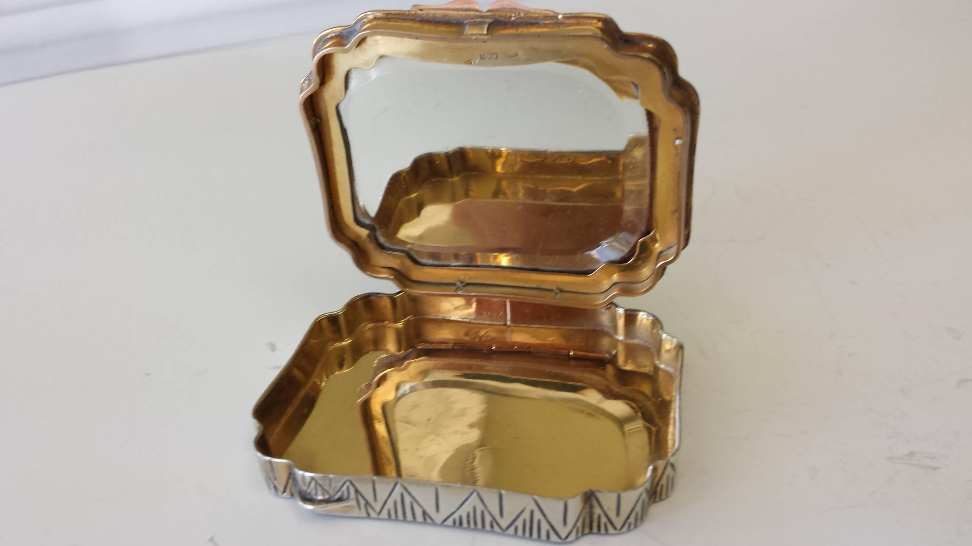 Silver Enamel Box Scrolled with Gilt Interior and Mirror on the Inside Cover In Good Condition In Ottawa, Ontario