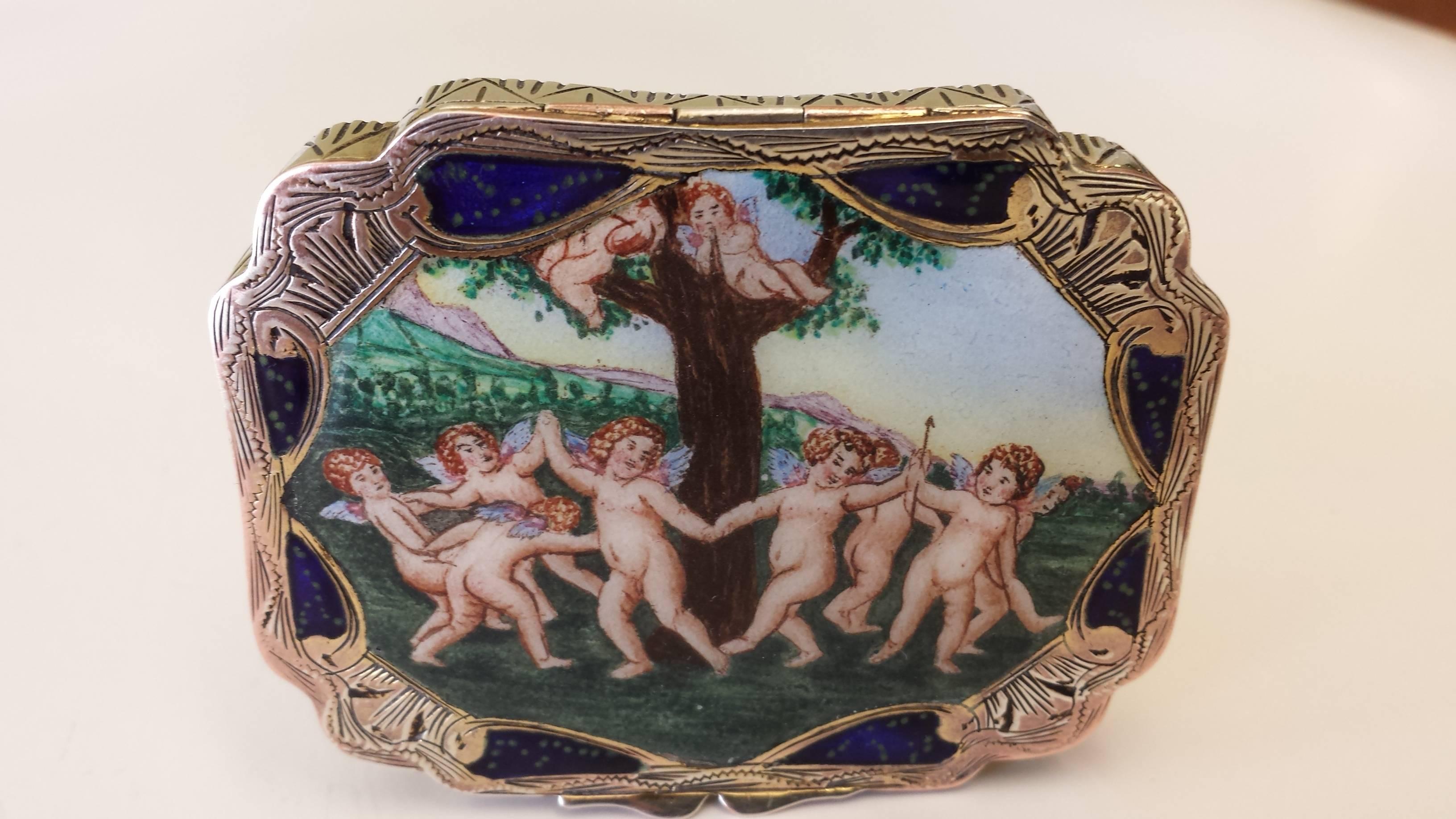 Silver Enamel Box Scrolled with Gilt Interior and Mirror on the Inside Cover 4