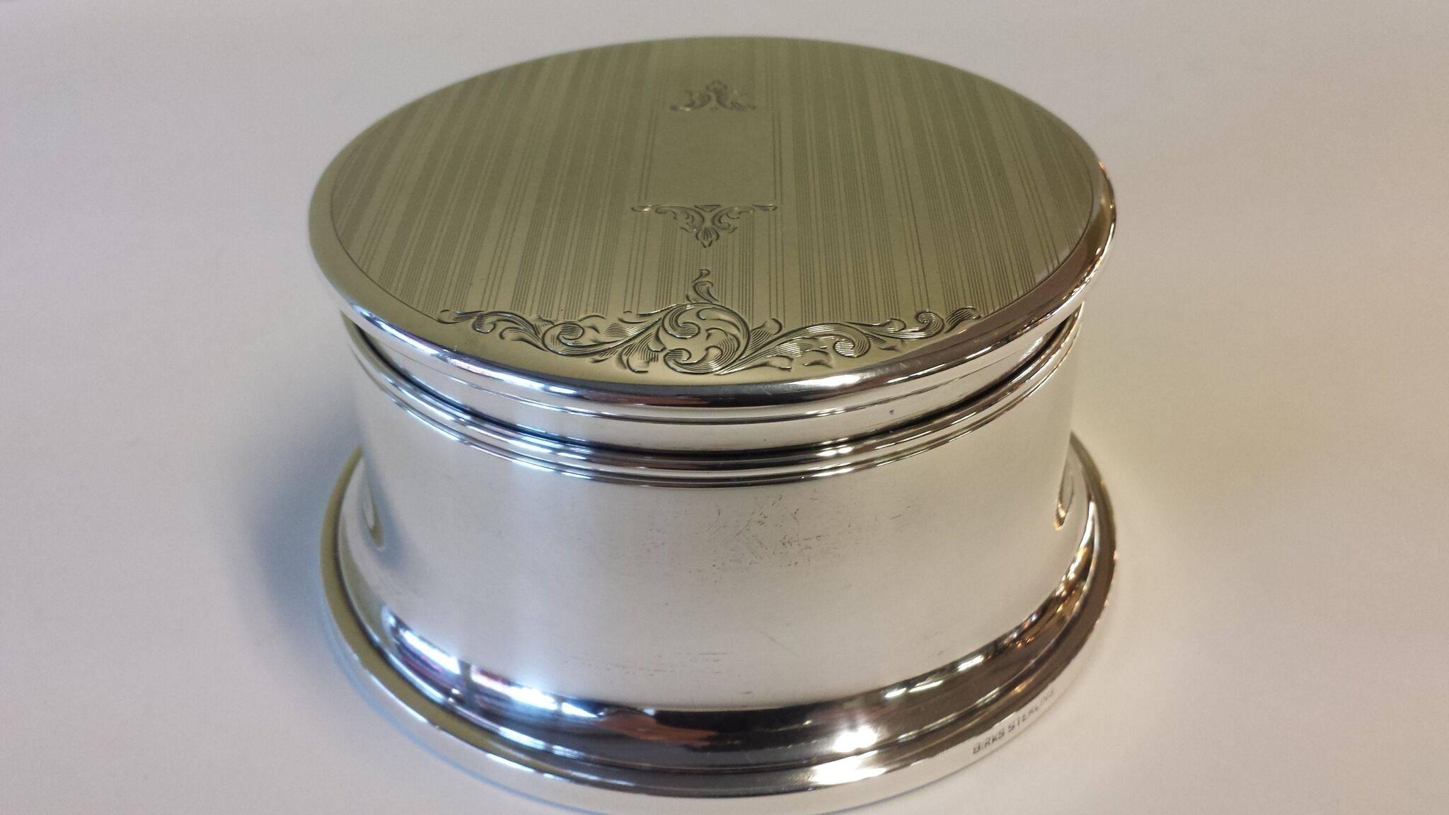 Edwardian Sterling Silver Round Jewelry Box with Blue Interior and Nicely Decorated Top