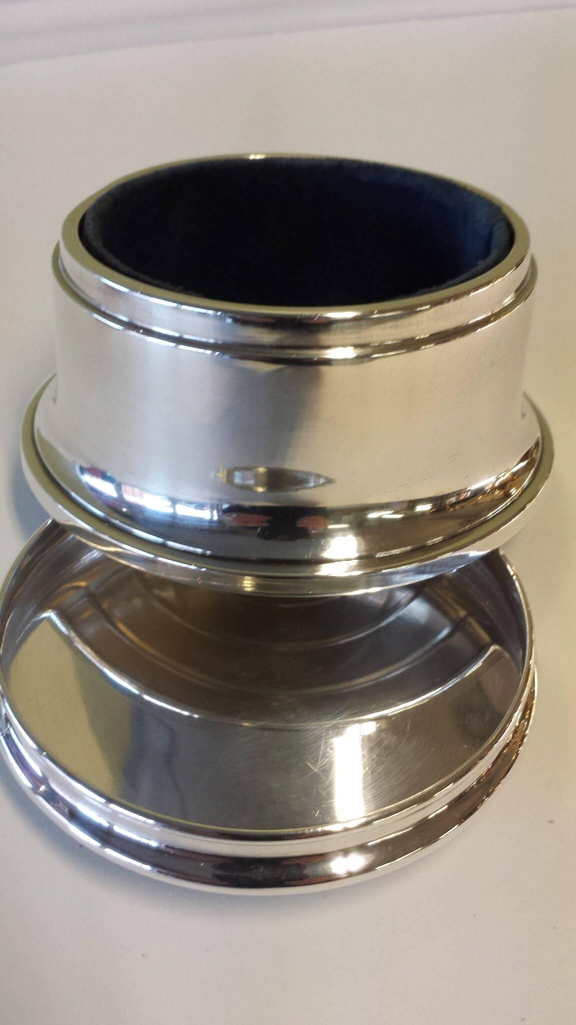 Sterling Silver Round Jewelry Box with Blue Interior and Nicely Decorated Top 3
