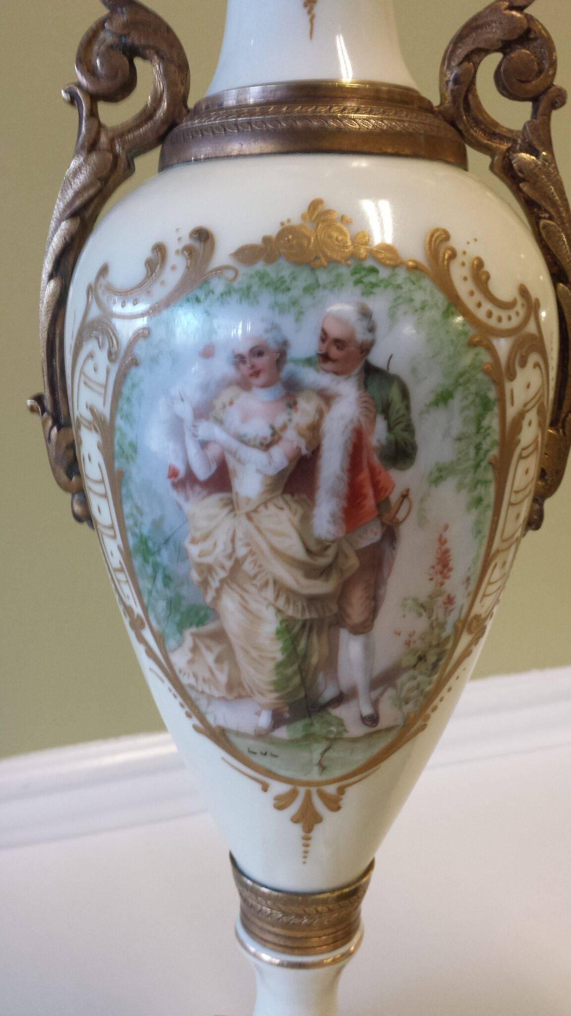 Edwardian Pair of French Mantle Urns Convertible to Lamp, Bases Factory, Made in France