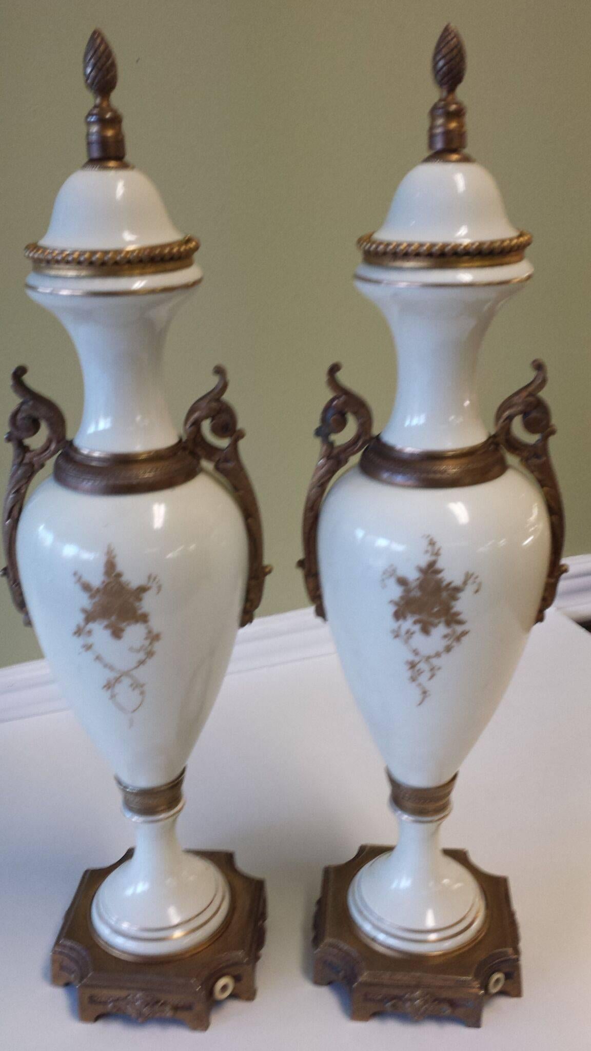Pair of French Mantle Urns Convertible to Lamp, Bases Factory, Made in France 1