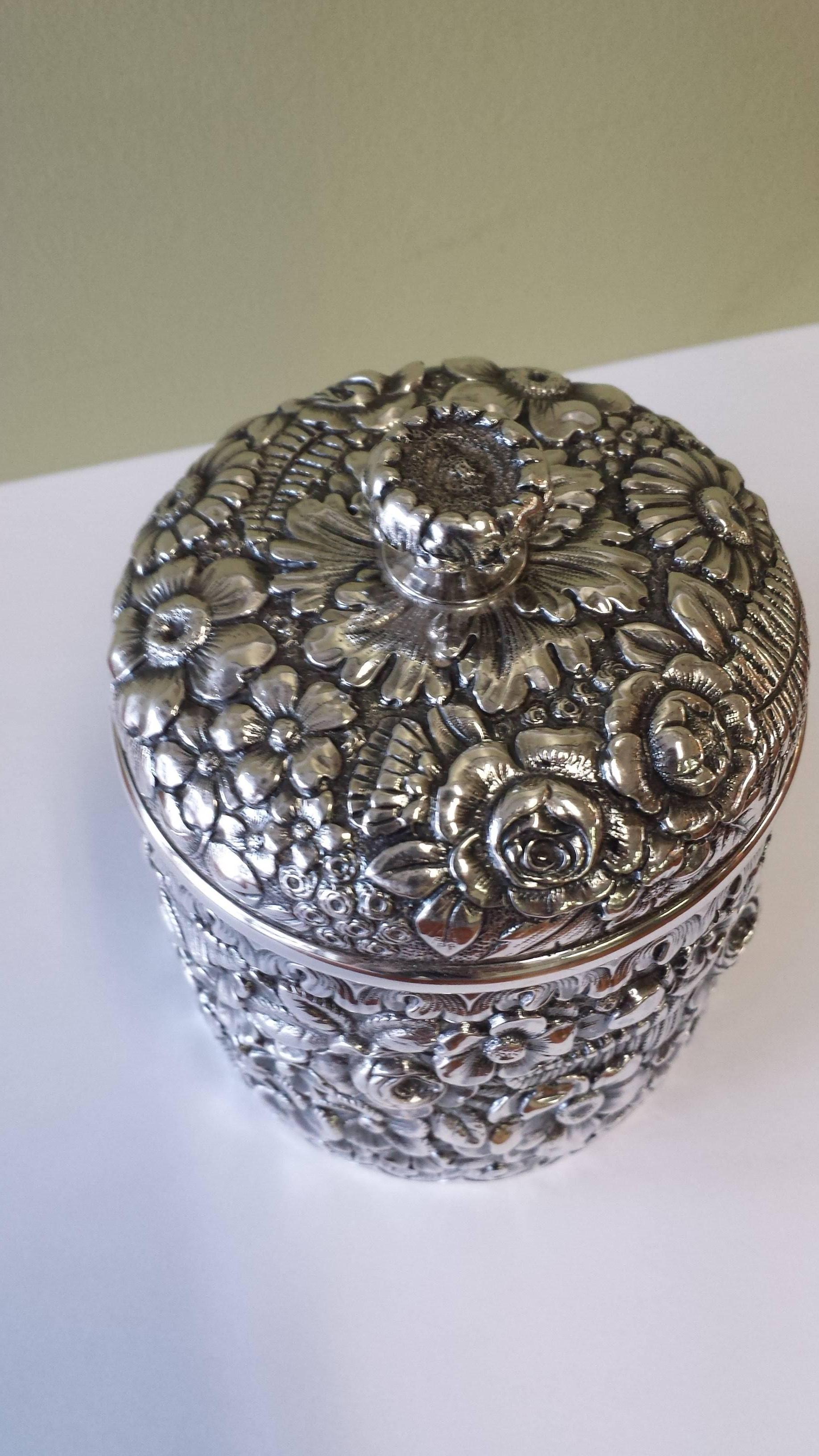 Edwardian Tiffany Sterling Silver Covered Dresser Jar with a Gilt Interior