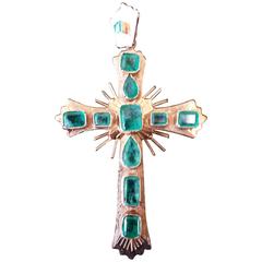 Antique 18K Gold & Emerald Spainish Style Cross 3.50 Carats Natural Untreated Emeralds