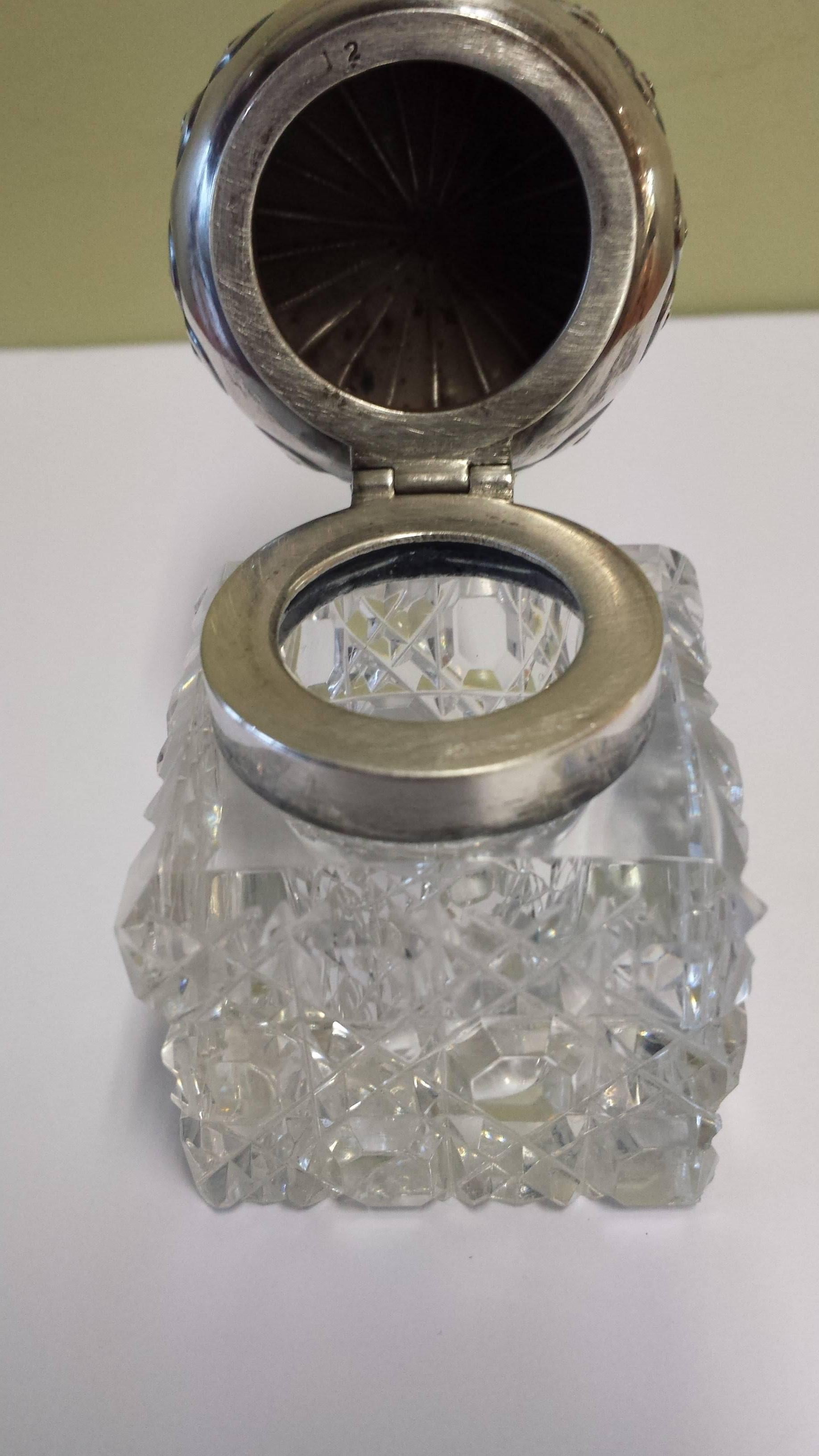 20th Century Sterling Silver & Cut Crystal Inkwell With A Seperate Sterling Base.
