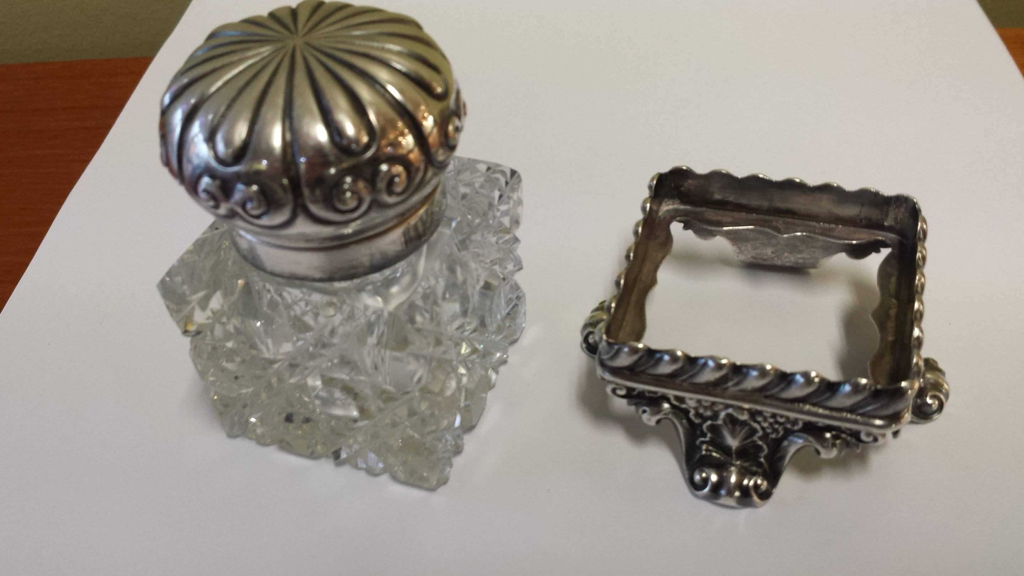 Edwardian Sterling Silver & Cut Crystal Inkwell With A Seperate Sterling Base.