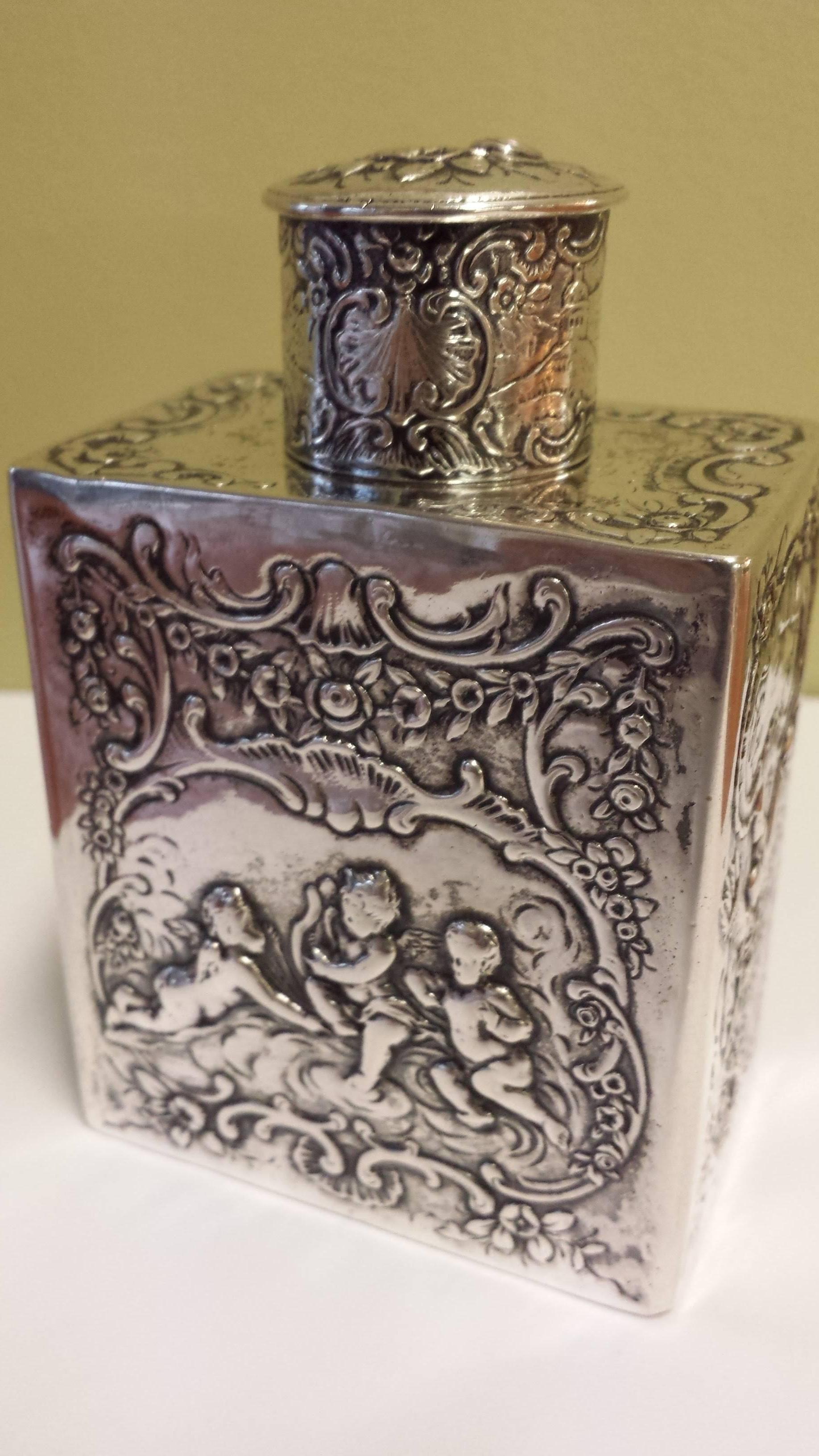 Renaissance Swedish Silver Flask or Decanter with Embossed Cherubs & Torch and Heart Design