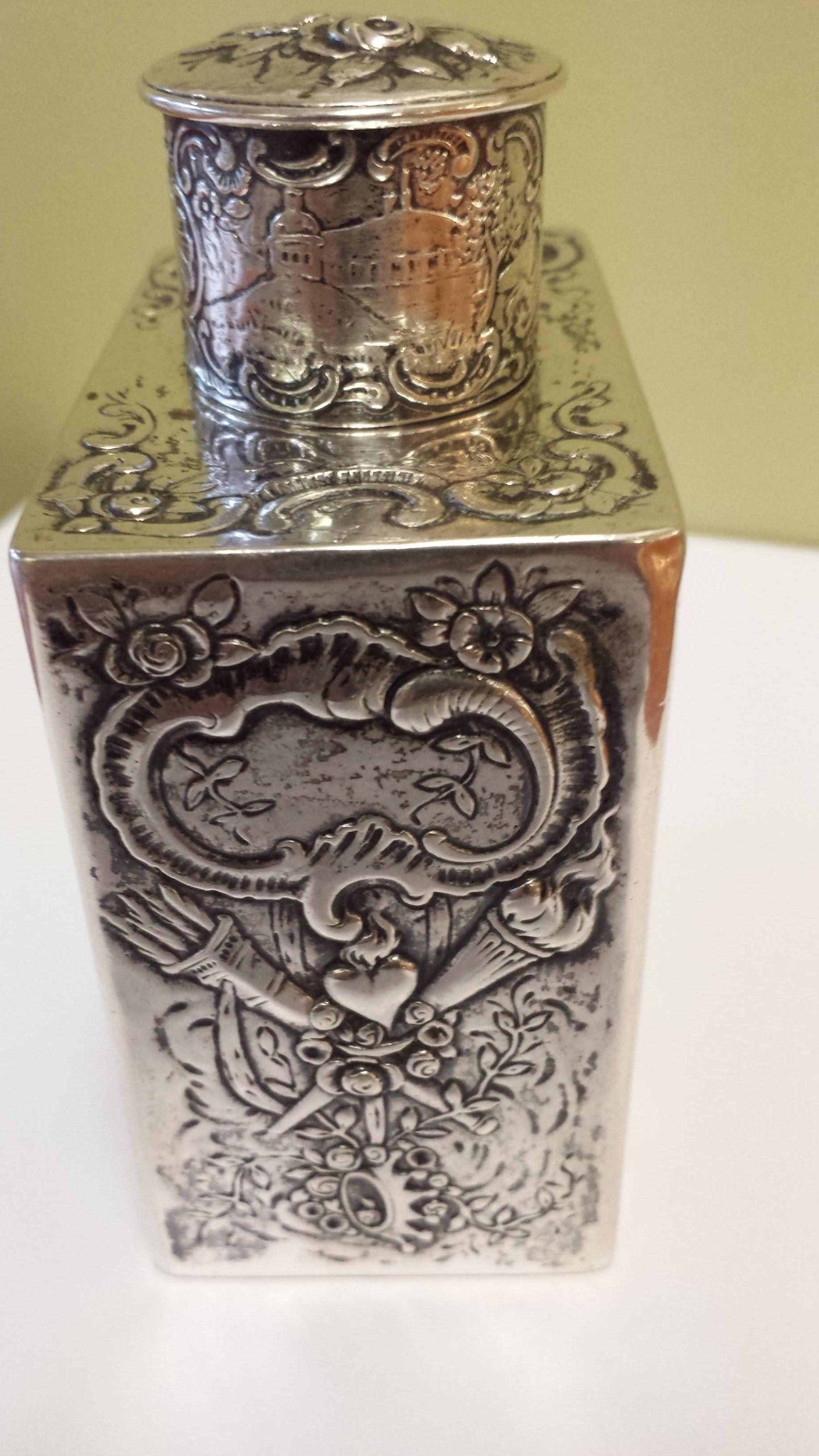 Swedish Silver Flask or Decanter with Embossed Cherubs & Torch and Heart Design In Good Condition In Ottawa, Ontario